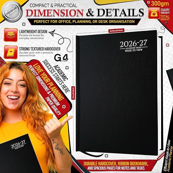 G4GADGET 2026-2027 Academic Diary A4 Week To View Black Hardback – August 2026 to July 2027 Weekly Planner, Student Teacher School Organizer, Timetable & Appointment Year Planner
