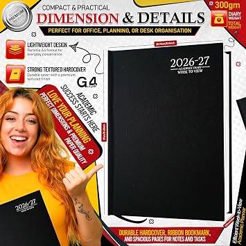 G4GADGET 2026-2027 Academic Diary A4 Week To View Black Hardback – August 2026 to July 2027 Weekly Planner, Student Teacher School Organizer, Timetable & Appointment Year Planner