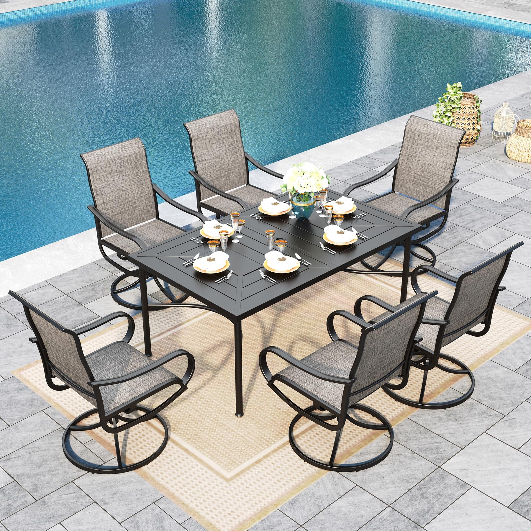 Sophia &amp; William Patio Dining Set for 6 w/Swivel Textilene Chairs, Brown