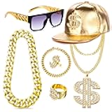 80s 90s Hip Hop Costumes Outfit Kit Fake Gold Chain Necklace Dollar Sign Cap Jewelry Set Rapper Accessories