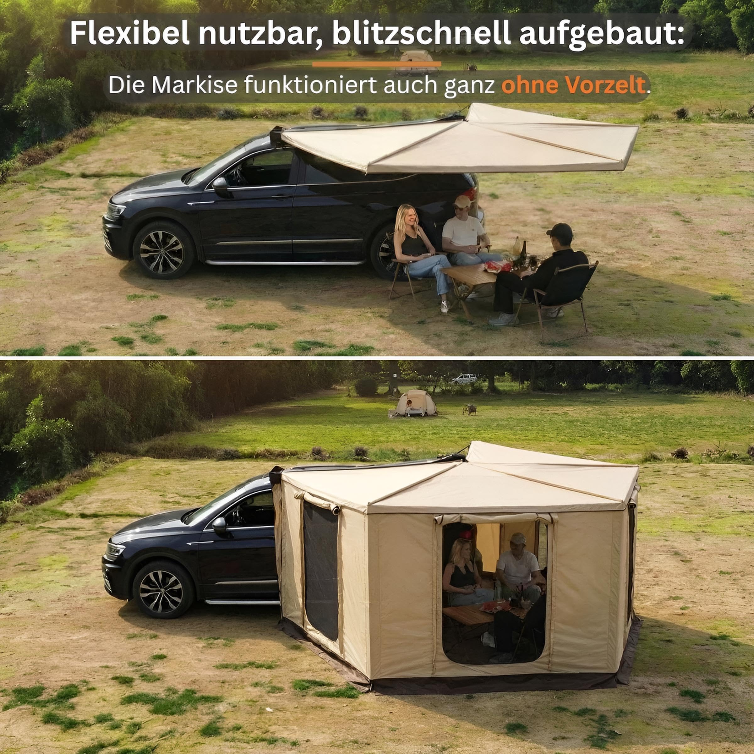 270° Markise Khaki oder Grau Automarkise/Zelt mit Vorzelt 200x200cm oder 250x200cm (Khaki, 200x200cm für die Fahrerseite)