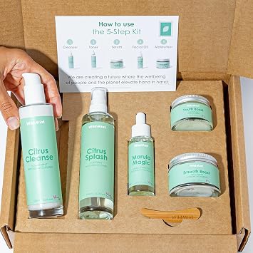 WildMint 5-Step Clear Skin Kit Gift Set | Cleanser, Toner, Serum, Face Oil & Moisturiser | Natural Skincare for Menopause, Hormonal Acne, Dark Spots, Dryness & Mature Skin | UK Vegan & Cruelty-Free