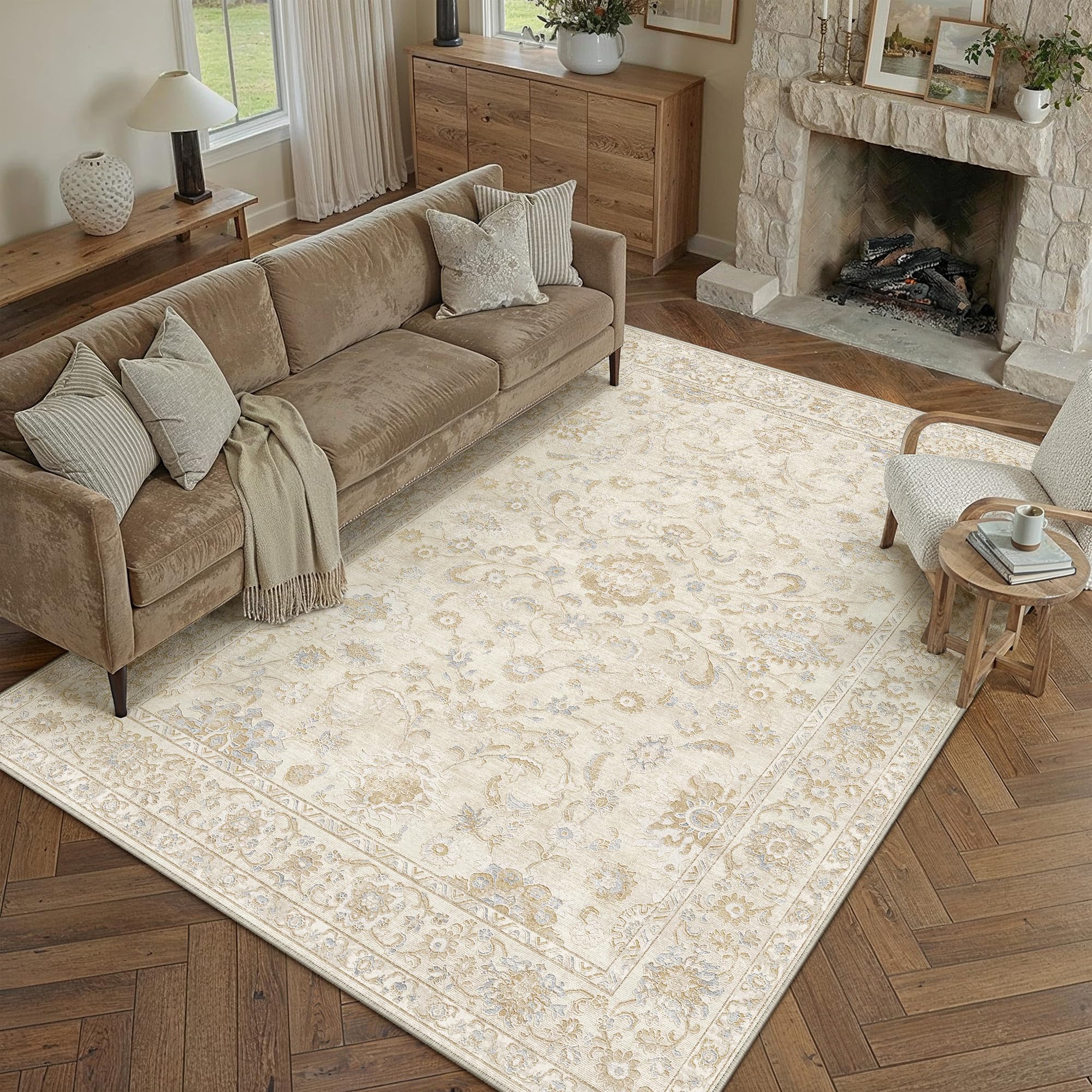PureCozy Beige Vintage Teppich Wohnzimmer 200x300cm Wohnzimmerteppich Waschbarer rutschfest Weich Kurzflor Teppiche Kinderzimmer Schlafzimmer Esszimmer Carpet BüRo Bettvorlege Groß Rug