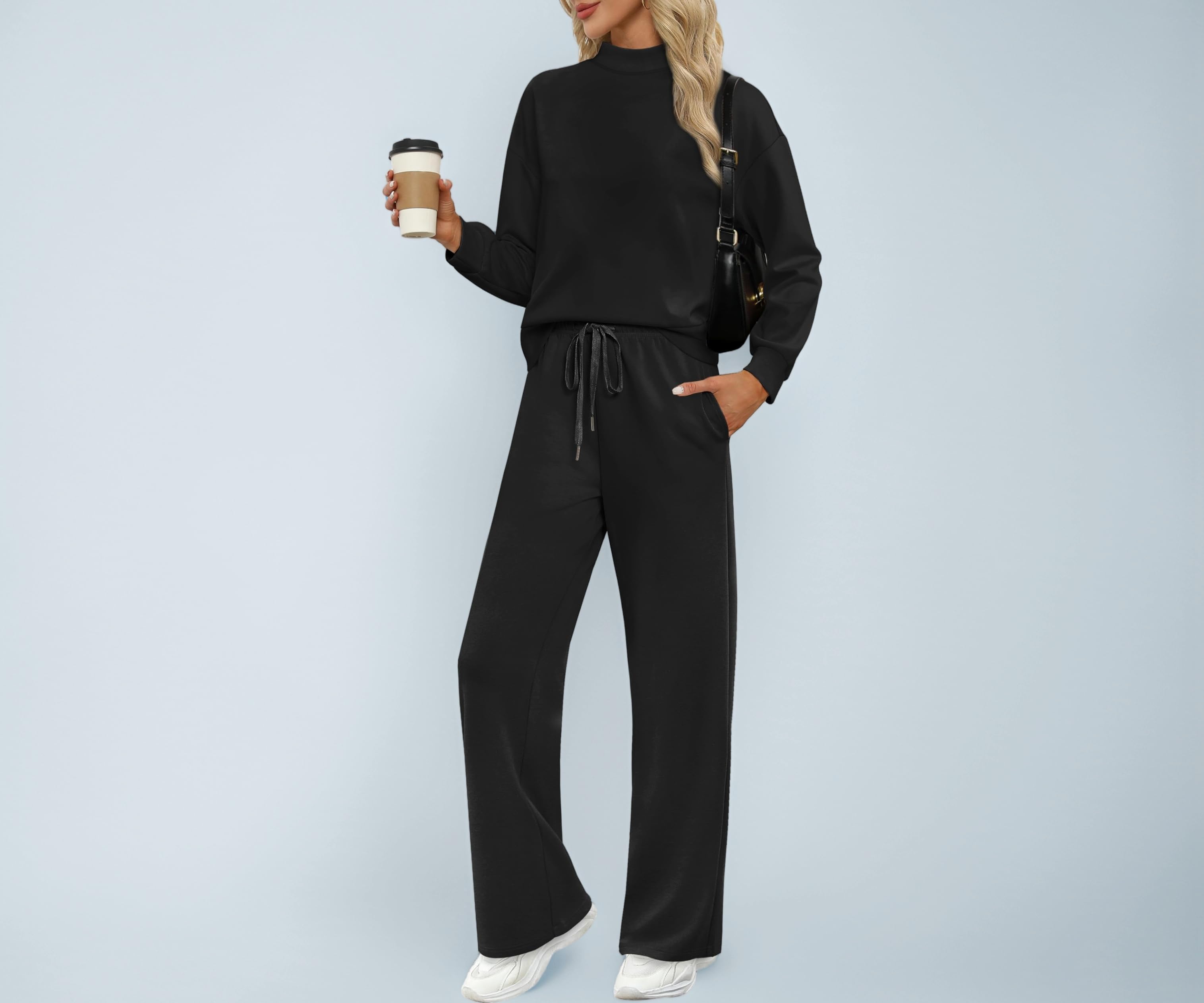 WIHOLL Two Piece Sets for Women Fall Outfits Lounge Sets Mock Neck Tops Wide Leg Pants Vacation Travel Airport Outfits