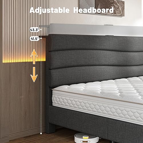 Miniatura 3 de EnHomee Base de cama tamaño King con cabecera tapizada de tela, marco de cama King con cabecera de almacenamiento y 3 estaciones de carga, listones