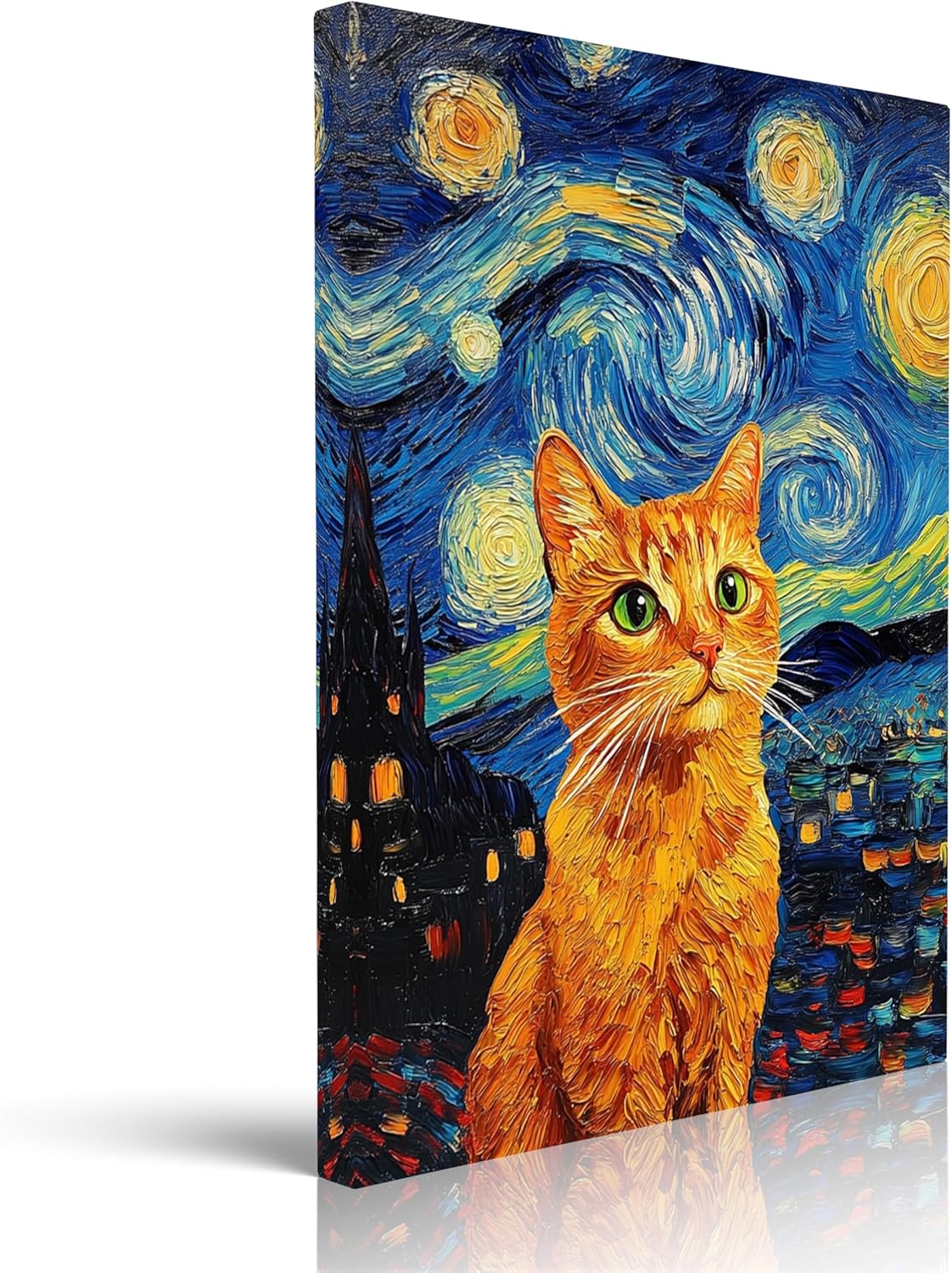 Framed Retro Van Gogh Starry Night With Funny Cat Canvas Prints Wall Art Night Starry Pictures Paintings Poster Canvas Wall Decor for Living Room Bedroom Wall Decorations Ready to Hang (12''X16'')