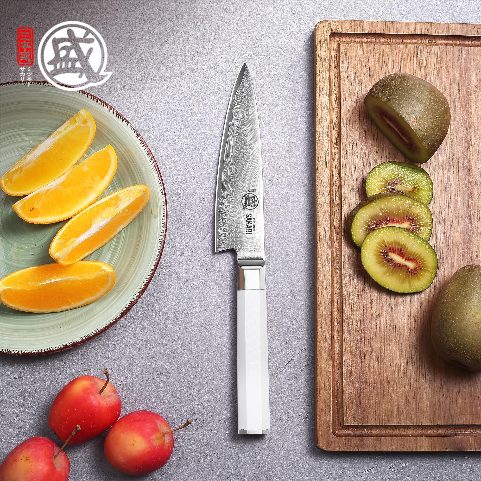MITSUMOTO SAKARI Cuchillos Pelar Profesional Japoneses, 14 cm Cuchillo Chef | Cuchillo para Fruta de Acero en Polvo VG con Acabado, Cuchillos de Espiga Completa, Mango G10 Blanco, Estuche de Sándalo