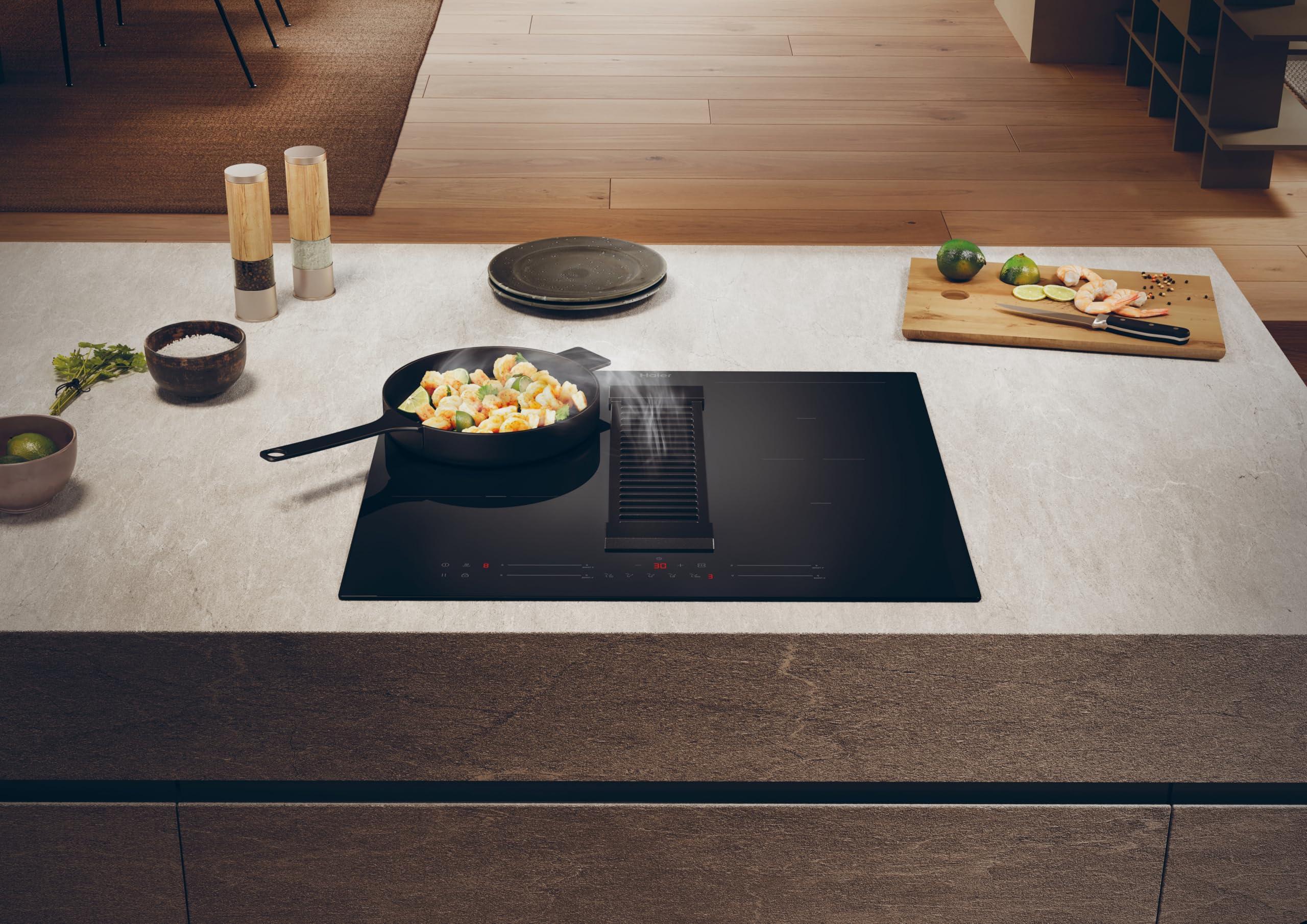 Haier Series 6 HAIH6IEMCF Placa de Inducción con extracción, 4 Zonas Flex, Ancho 60cm, Control deslizante "Multislider" Potencia total 7,4kW, 9 niveles de potencia + Booster, 4 Zonas, Negro