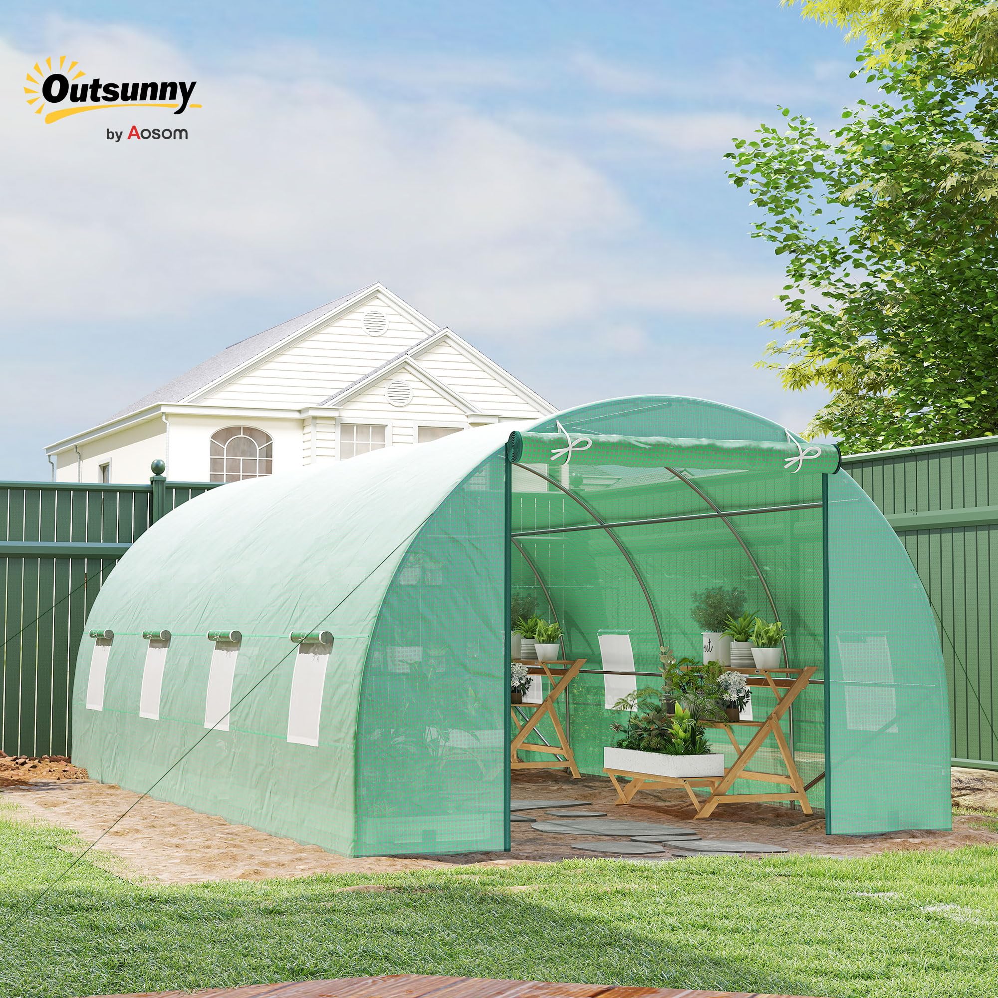 Outsunny Invernadero de Túnel 600x300x200 cm Invernadero de Jardín con Puerta Enrollable 8 Ventanas Cubierta PE 140g/m² y Tubo de Acero para Cultivos Plantas Verduras Verde