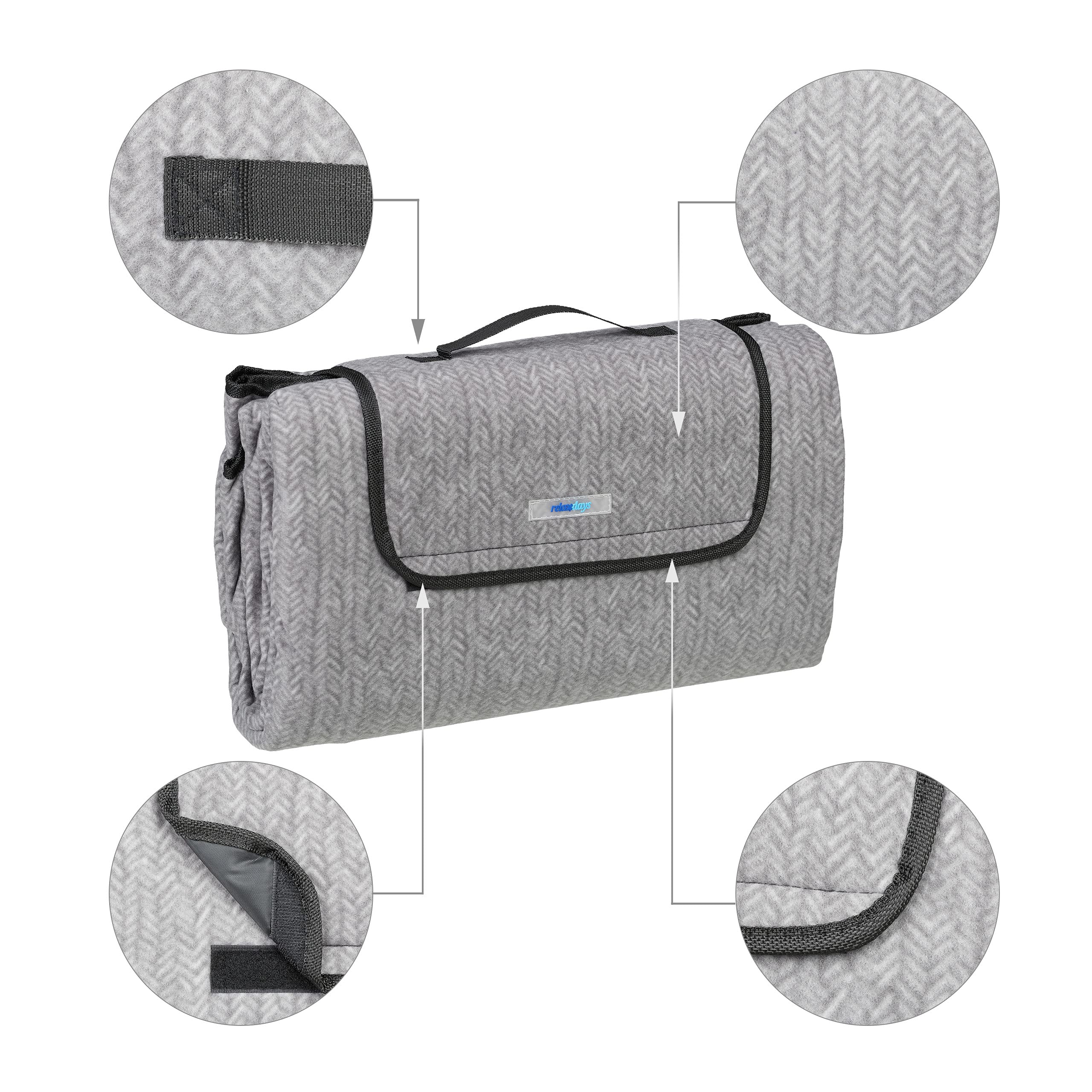 relaxdays Couverture Pique-Nique XXL, 200x200 cm, Tapis de Plage Polaire, Isolation Thermique, imperméable, Anse, Gris