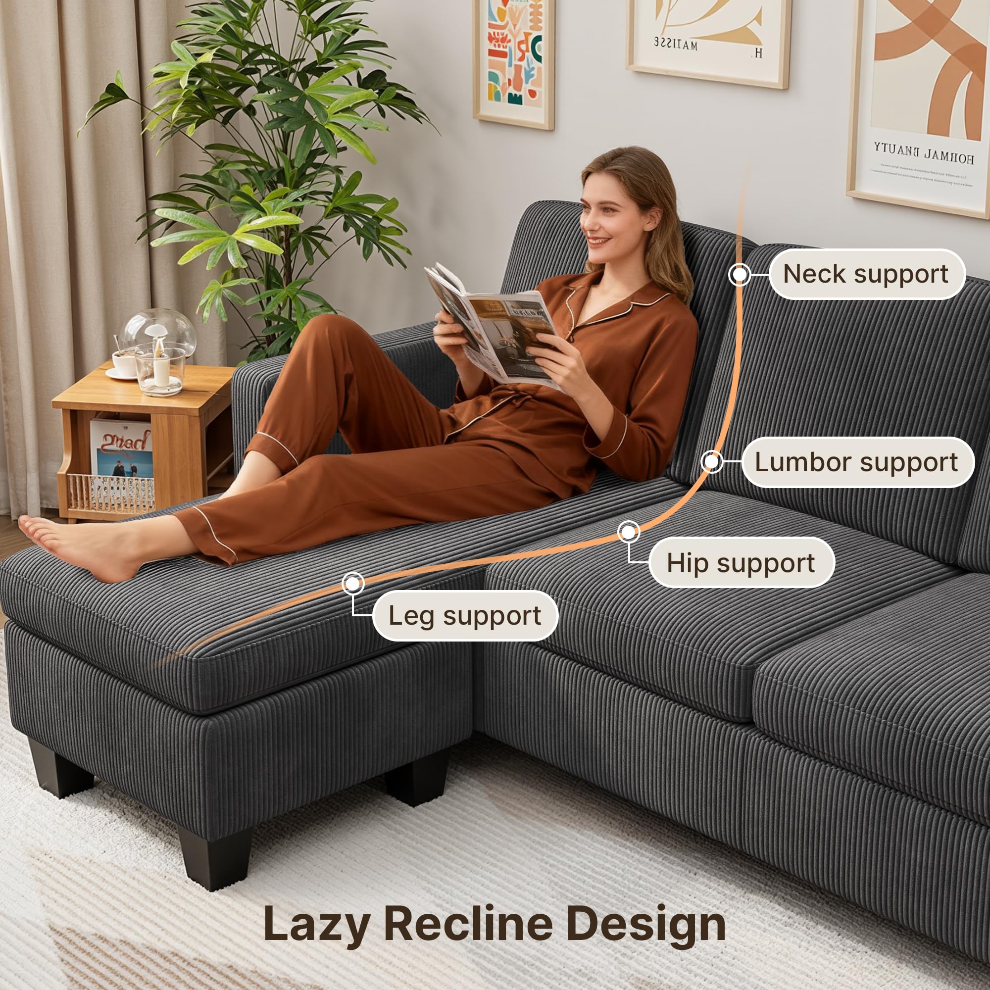 Xbro Canapé d'angle 3 Places en L avec Chaise Longue Fixe, Canapé 3 Places Rembourrage en éponge Haute Résilience, Tissu en Velours Côtelé Doux, Gris Foncé