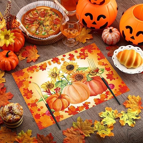 Miniatura 3 de 36 manteles individuales de papel desechables de Acción de Gracias, manteles individuales de otoño, girasoles de otoño, hojas de arce, calabazas,