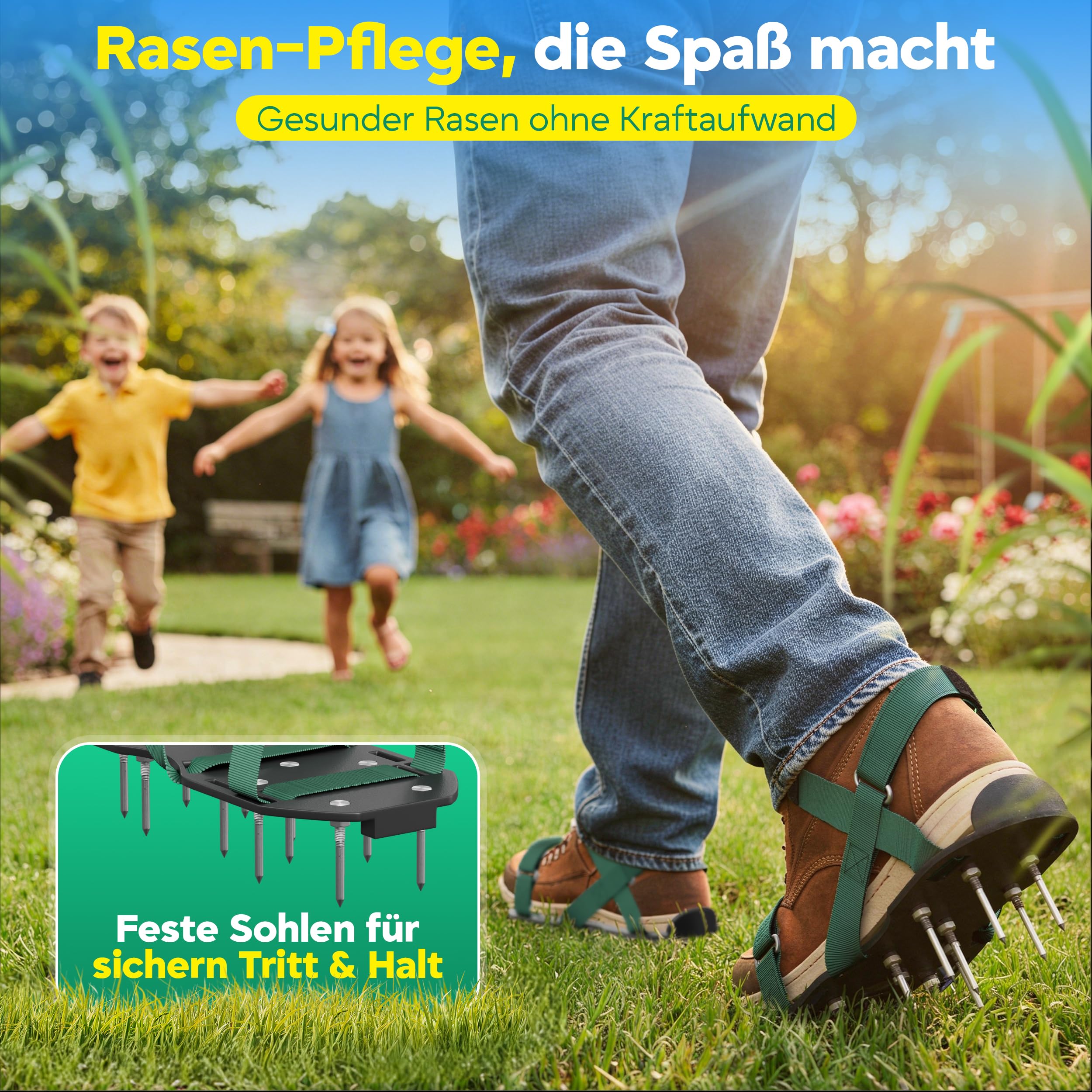 Caveon® Premium Nagelschuhe – Rasenbelüfter & Estrichschuhe mit Klettverschluss für sichtbar dichteren grünen Rasen – Aerifizierer ohne Geräte – Stahlspikes, 2 Nagellängen, inkl. Schaufel & Beutel - 5