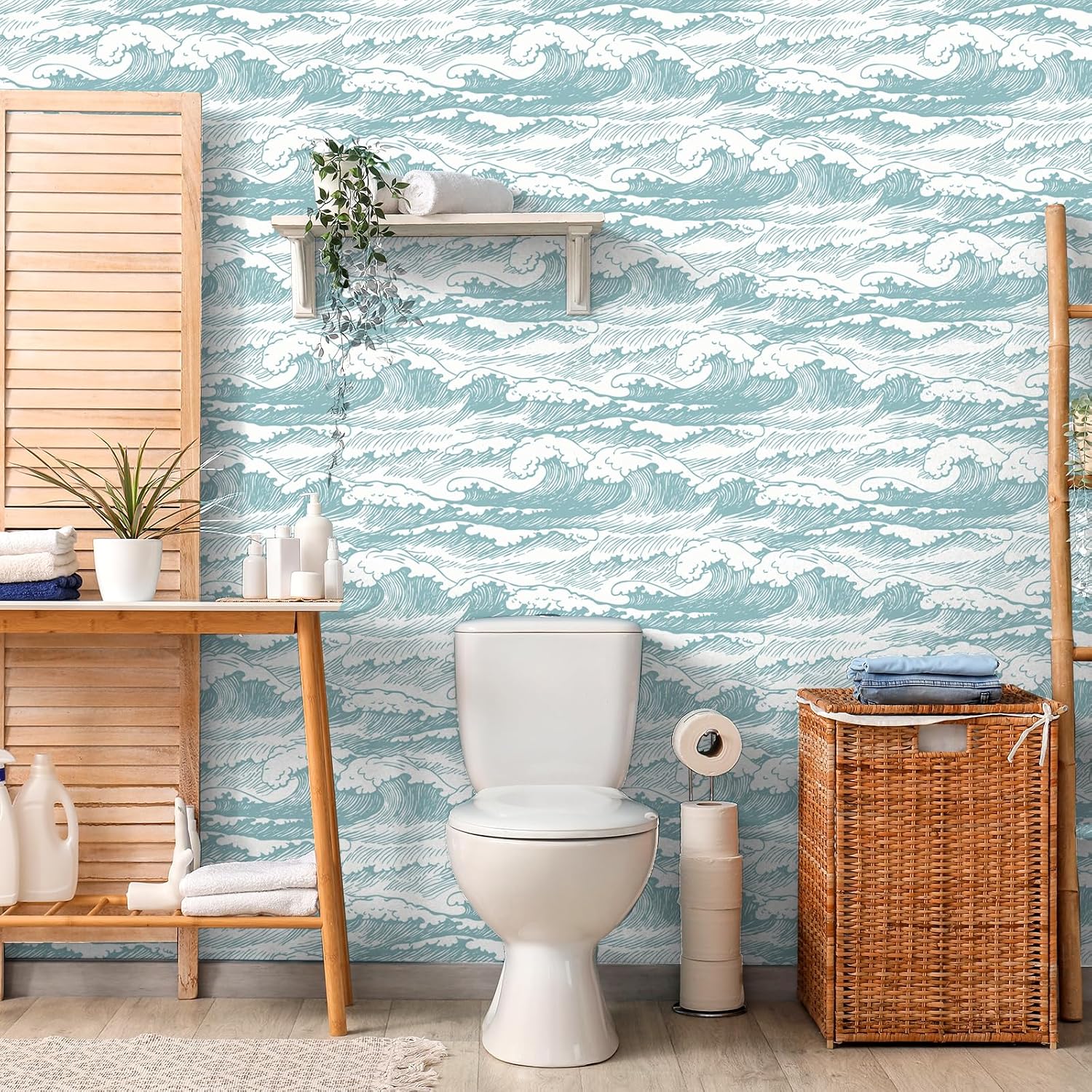 VaryStyle 17.7"x118" Vintage Wave Wallpaper Blue/Beige Ocean Coastal Peel and Stick Wallpaper Hand Drawn Stormy Waves Contact Paper for Cabinets Self Adhesive Stick on Wallpaper for Bathroom Bedroom