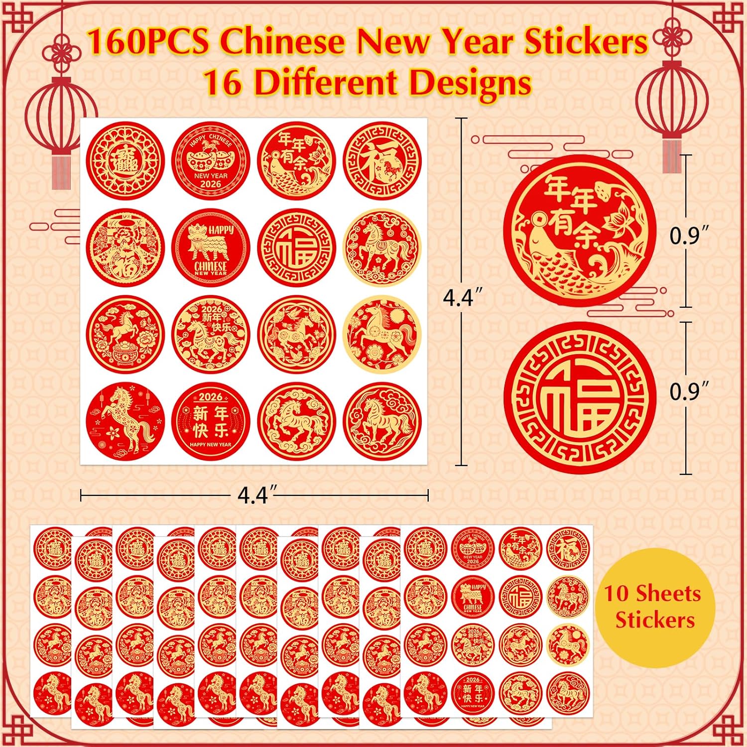 160PCS Chinese New Year Stickers - 2026 Year of The Horse Decorations Lunar New Year Stickers for Candy Wrappers, Chocolate Coins, Goodie Bags, Spring Festival Crafts Gift Tag Party Favor