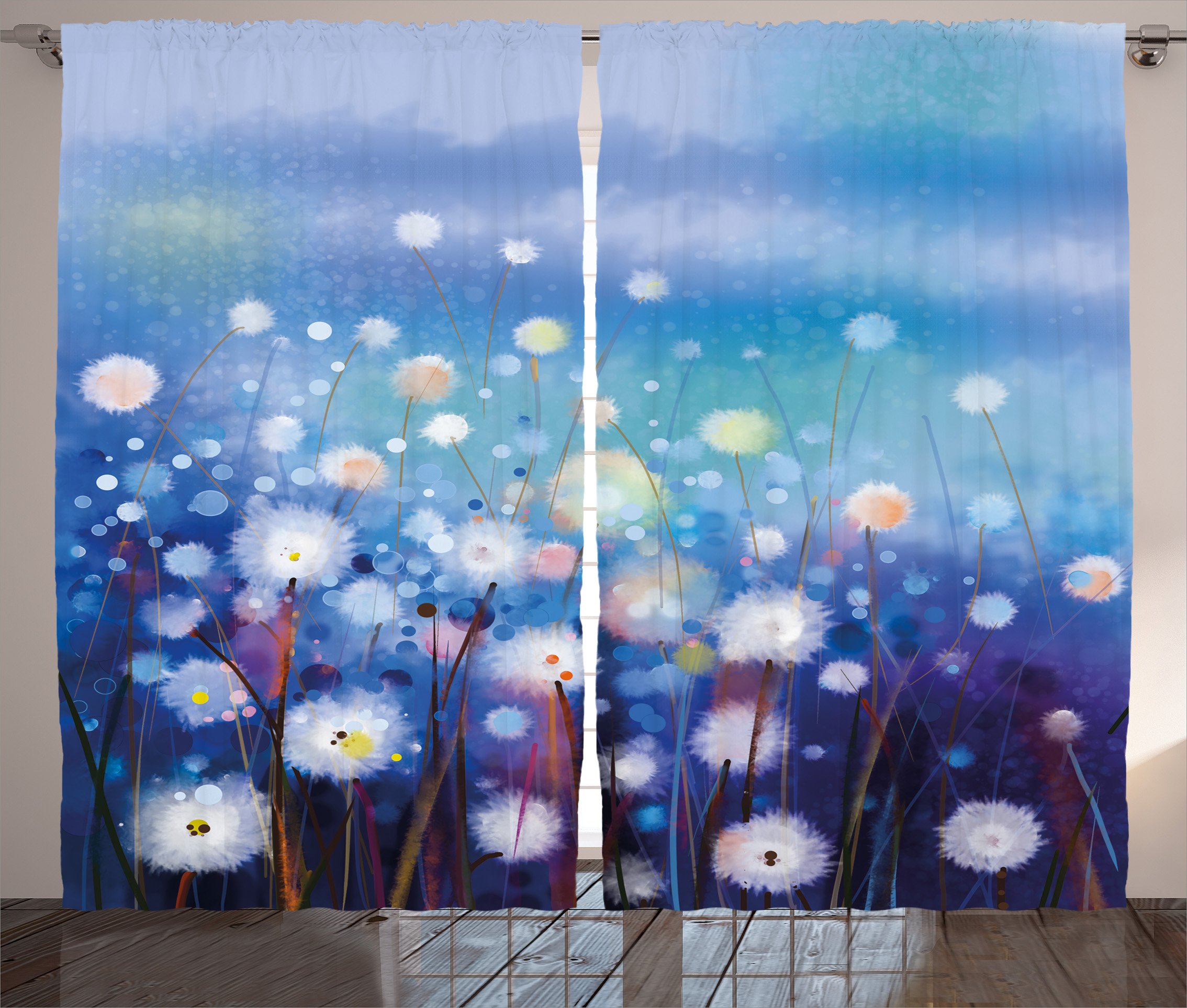Ambesonne Flower Curtains, Dandelion Motif in Meadows Rural Lands Miracle Pollination Themed Hand Drawn Picture, Living Room Bedroom Window Drapes 2 Panel Set, 108" X 84", White Blue