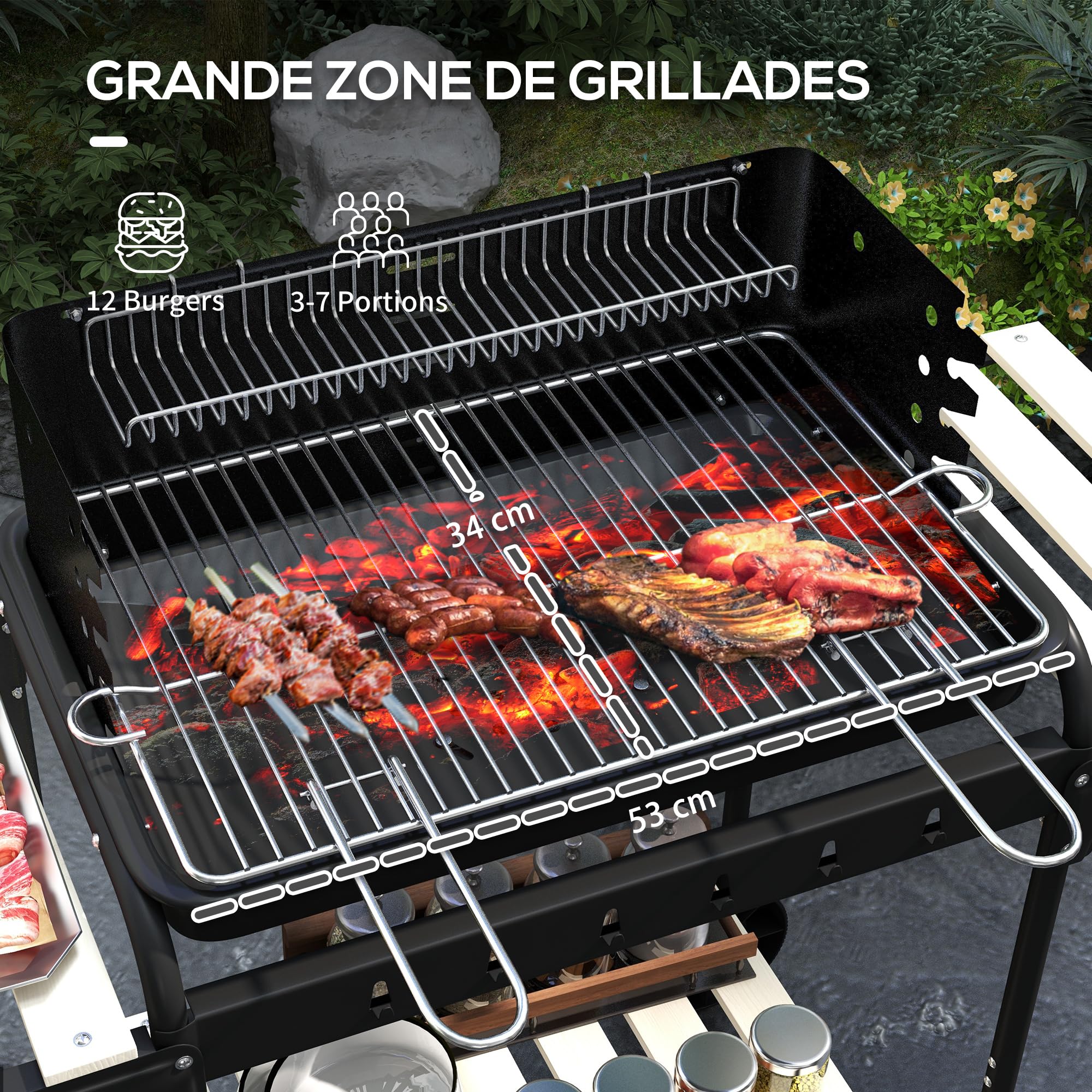 Outsunny Barbecue à Charbon BBQ Grill sur Pied avec Gril Réglable 2 Roues et 3 Étagères Récupérateur de Cendres 103 x 47 x 95 cm Noir