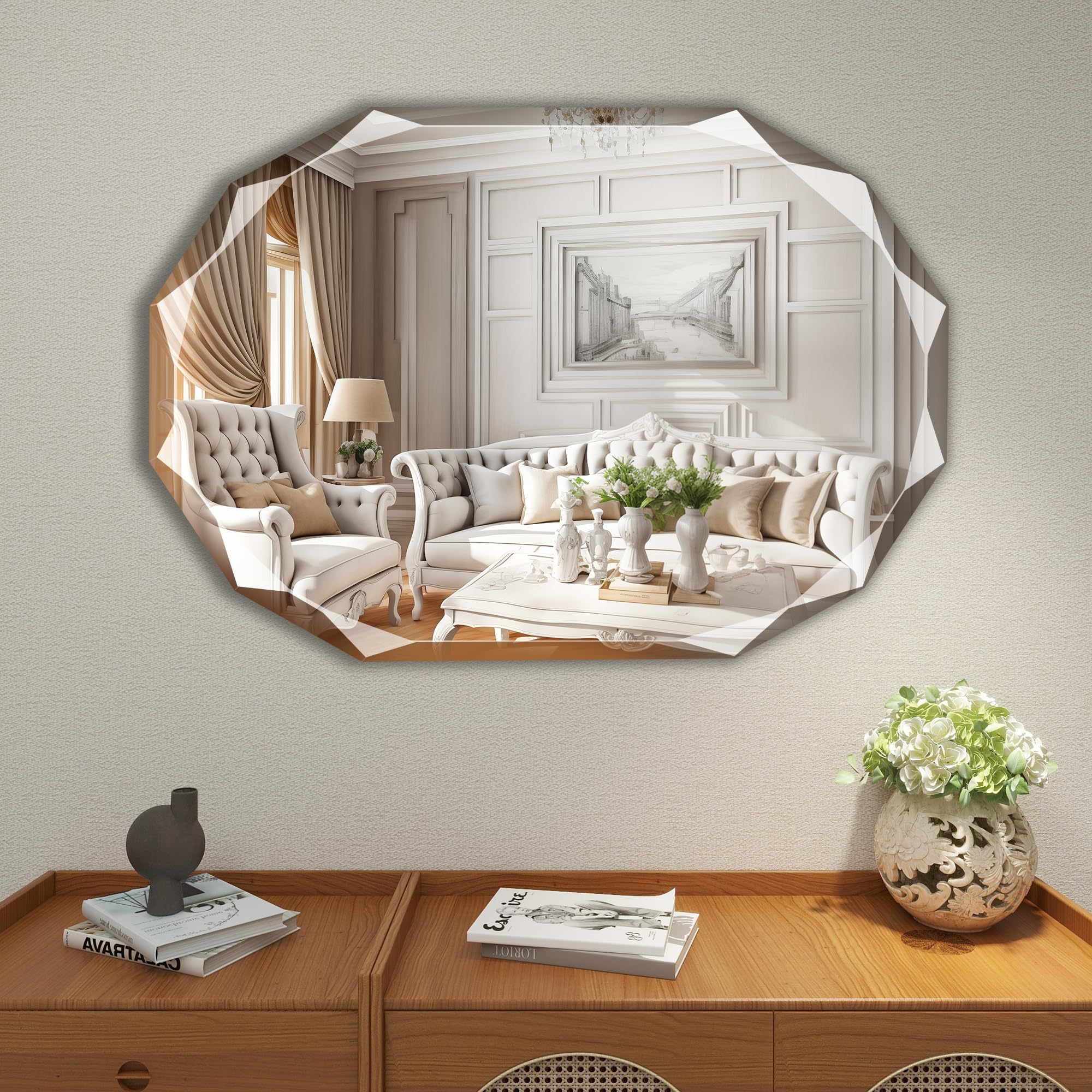 Beveled Mirror Frameless, Decorative Wall Mounted Bathroom Silver Mirror with Diamond Edge for Over Sink Entryway (28''×20'')