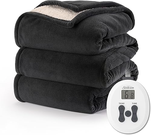 Sunbeam Royal Luxe Sherpa - Manta térmica de niebla nocturna, tamaño matrimonial