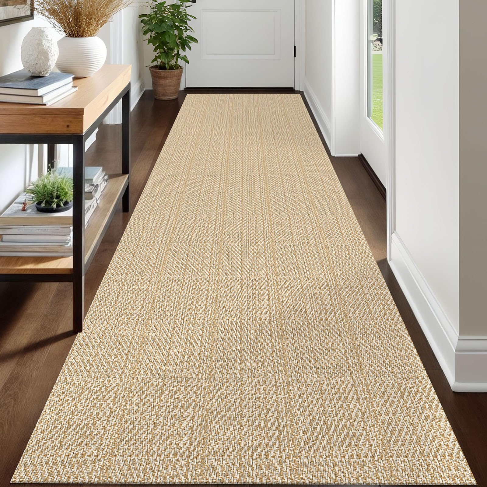 IOHOUZE Washable Runner Rug 3x12 Non Slip Rubber Backed Extra Long Hallway Runner Entryway Runner Indoor, Kitchen Rugs Woven Cotton Carpet for Hall Entrance Stair, Warm Beige/Orange/Apricot