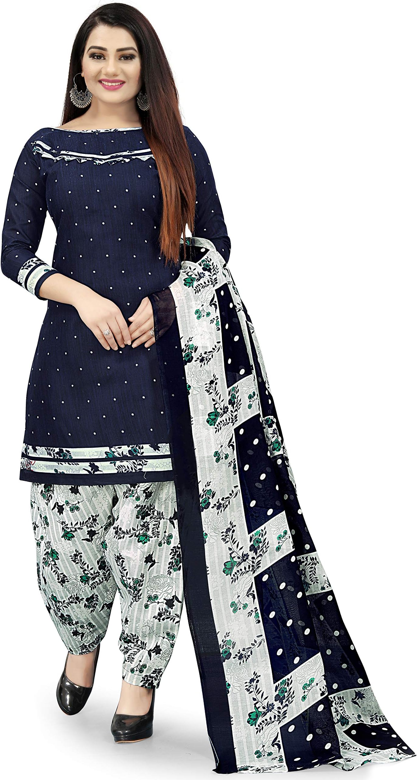 Indian/pakistani salwar kameez Women's Navy Blue Cotton Printed Unstitched Salwar Suit Material
