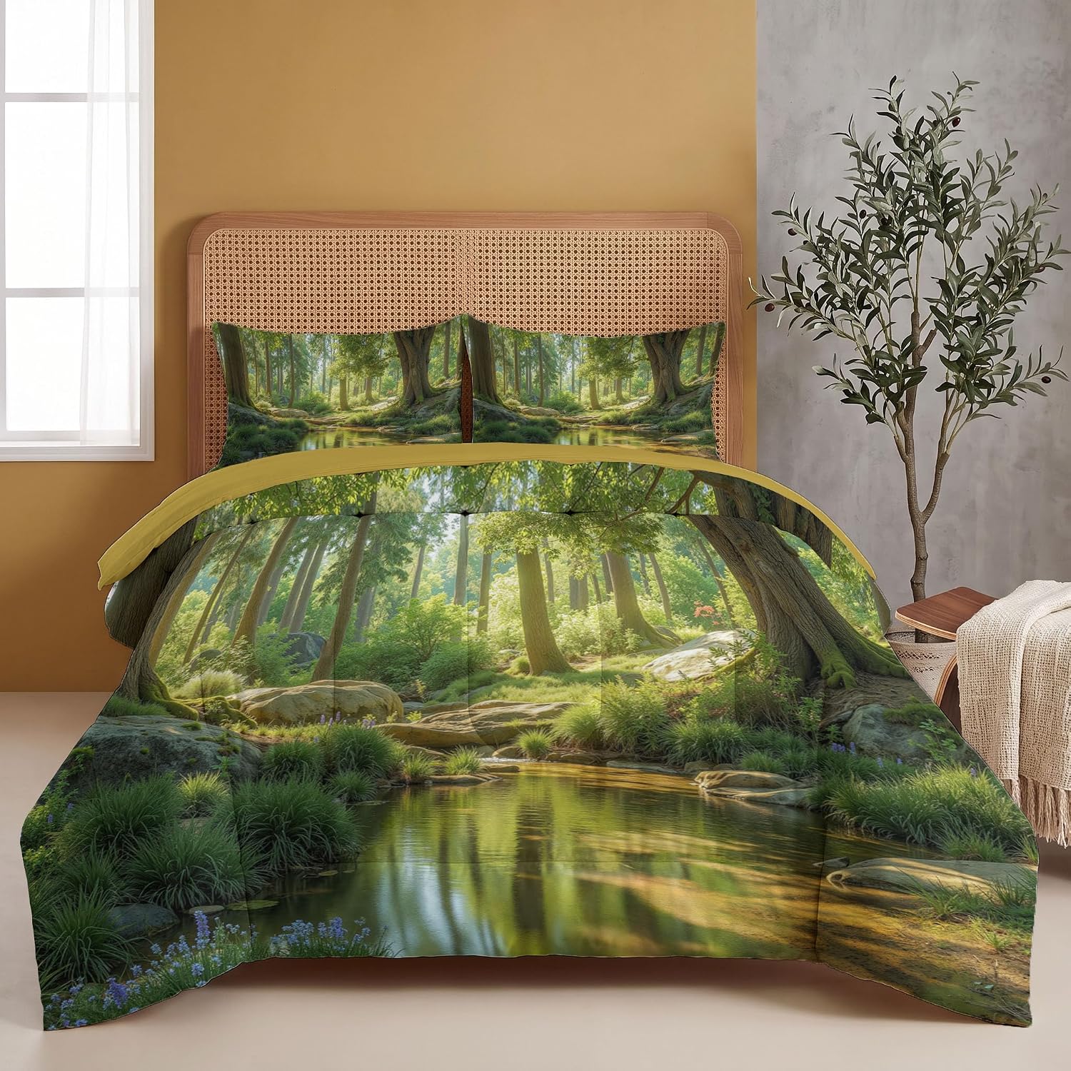 Tranquility Healing Comforter Set Queen Size, Dense Forest Print Breathable Bedding Set for Girls Boys Teens, Sage Green Quilt Duvet with 2 Pillow Cases