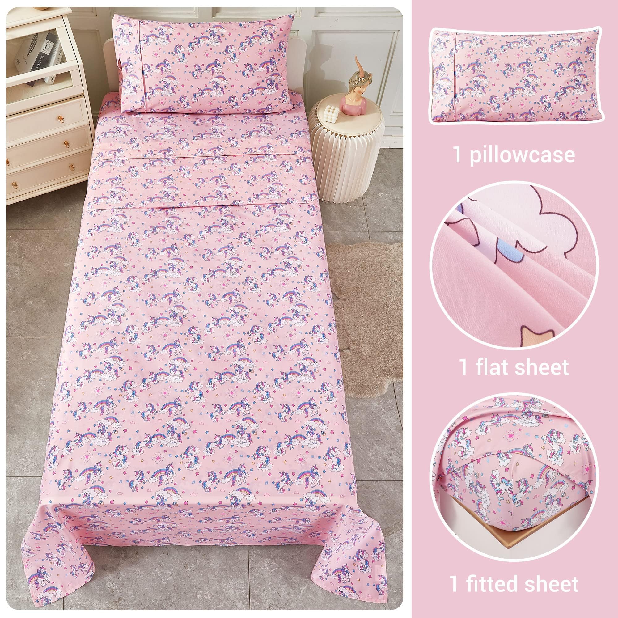 Kids Sheet Set Twin Size 3 Pcs, Girls Sheet Set With Pink