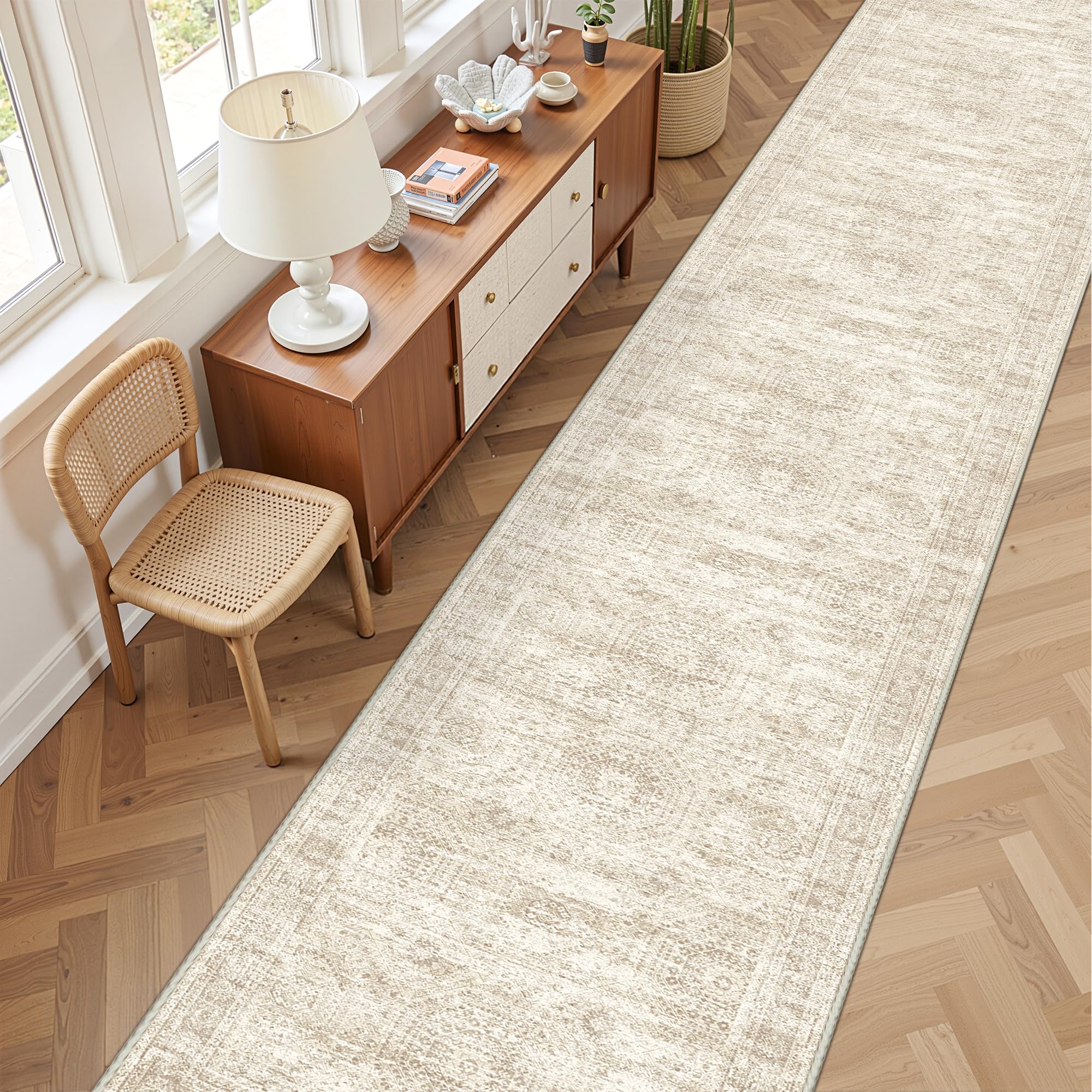 Restydon 3x14 Washable Runner Rug for Hallway, Non-Slip Long Hallway Runner for Entryway, Soft Vintage Kitchen Mats for Floor, Abstract Dining Room, Bedroom, Living Room Rugs(3'x14', Beige/Ivory) — image 1