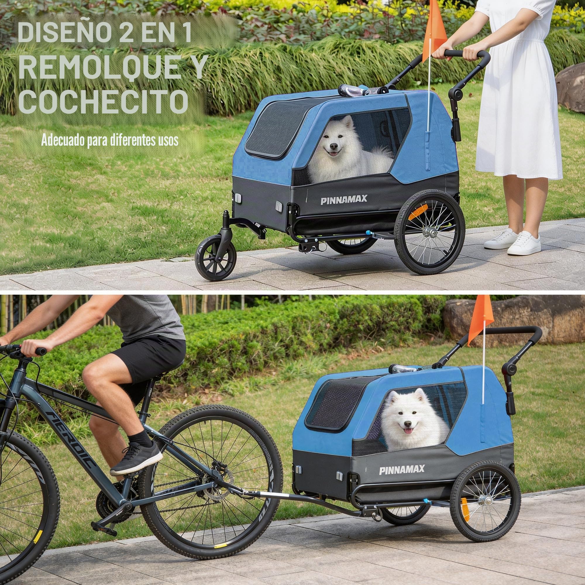 Remolque para Perros PINNAMAX para Bicicletas: Carrito para Mascotas 2 en 1, con una Capacidad de Carga de hasta 45 kg; Remolque para Perros con Enganche Universal para Bicicleta
