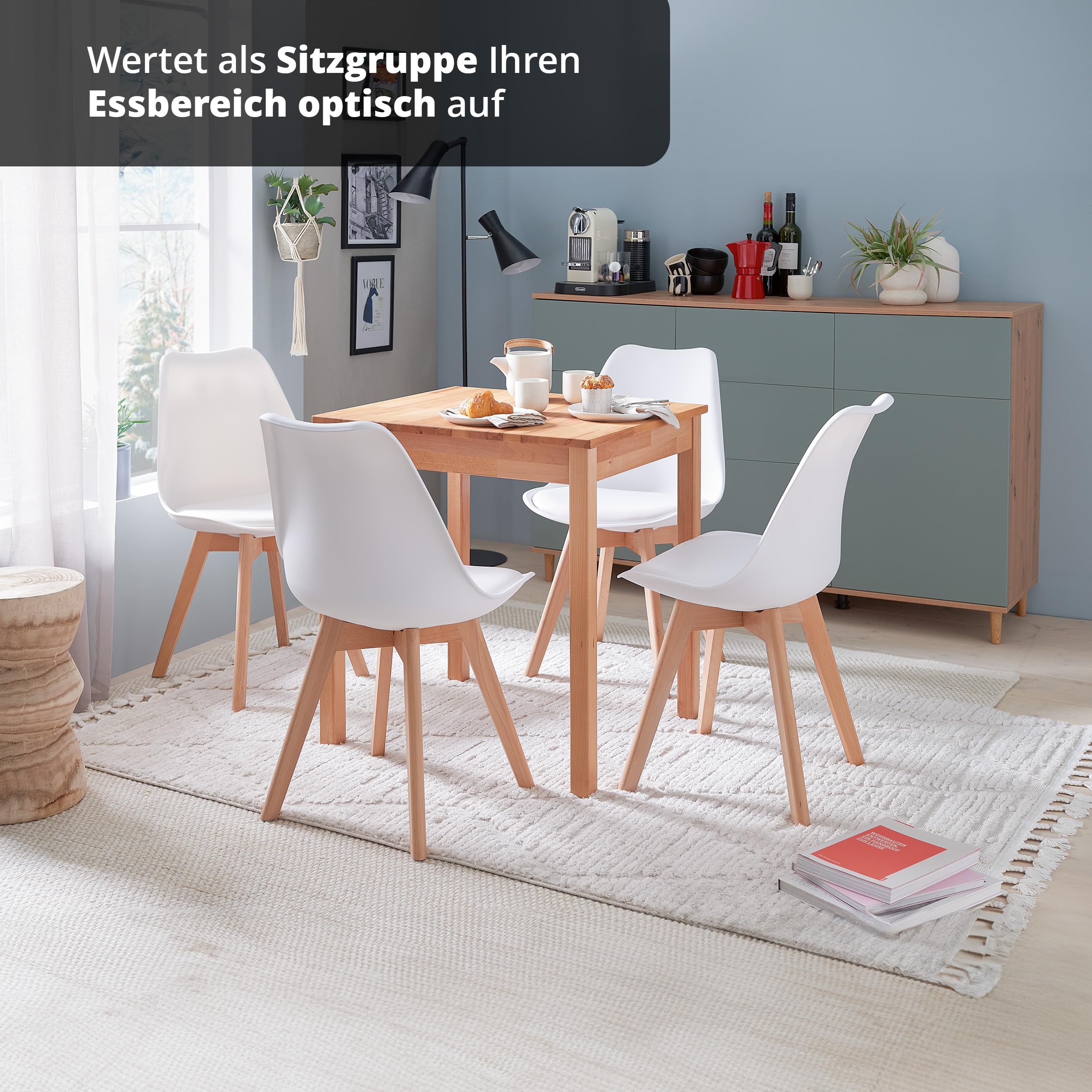 KHG Esszimmerstuhl Polsterstuhl Skandi Look - Stuhlbeine Massivholz Buche, Kunststoff Sitzschale, gepolstertes Kunstleder-Sitzkissen, modern & pflegeleicht, belastbar bis 150 kg - Weiß
