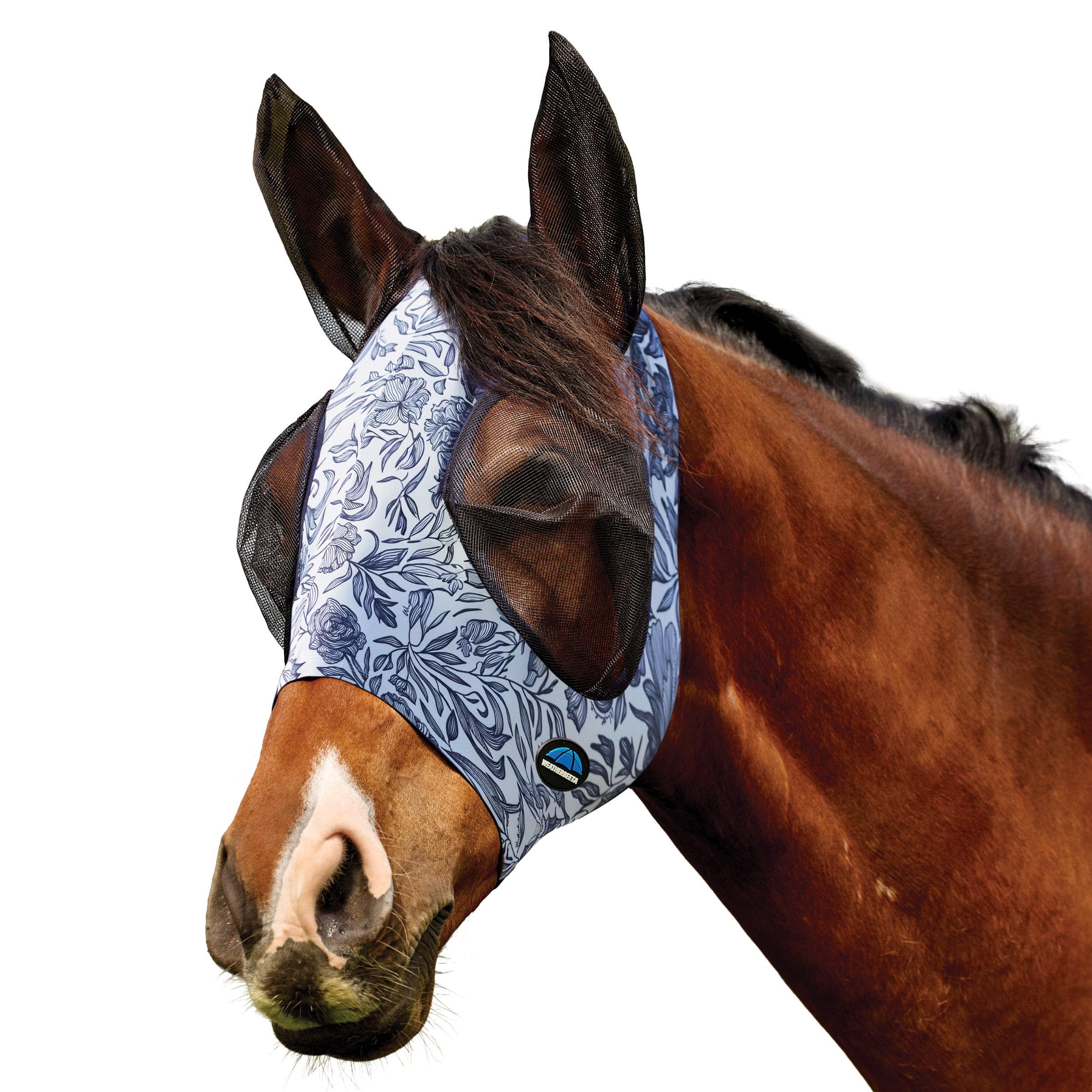 WeatherBeeta ComFiTec Deluxe Stretch Fly Mask with Ears, White/Navy Floral Print, Large