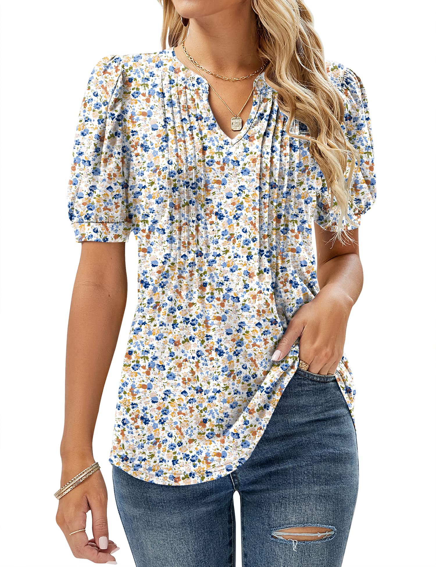 Womens V Neck Tops Puff Short Sleeve T-Shirt Pleated Floral Printed Tunic Blouse Shirts — view 31
