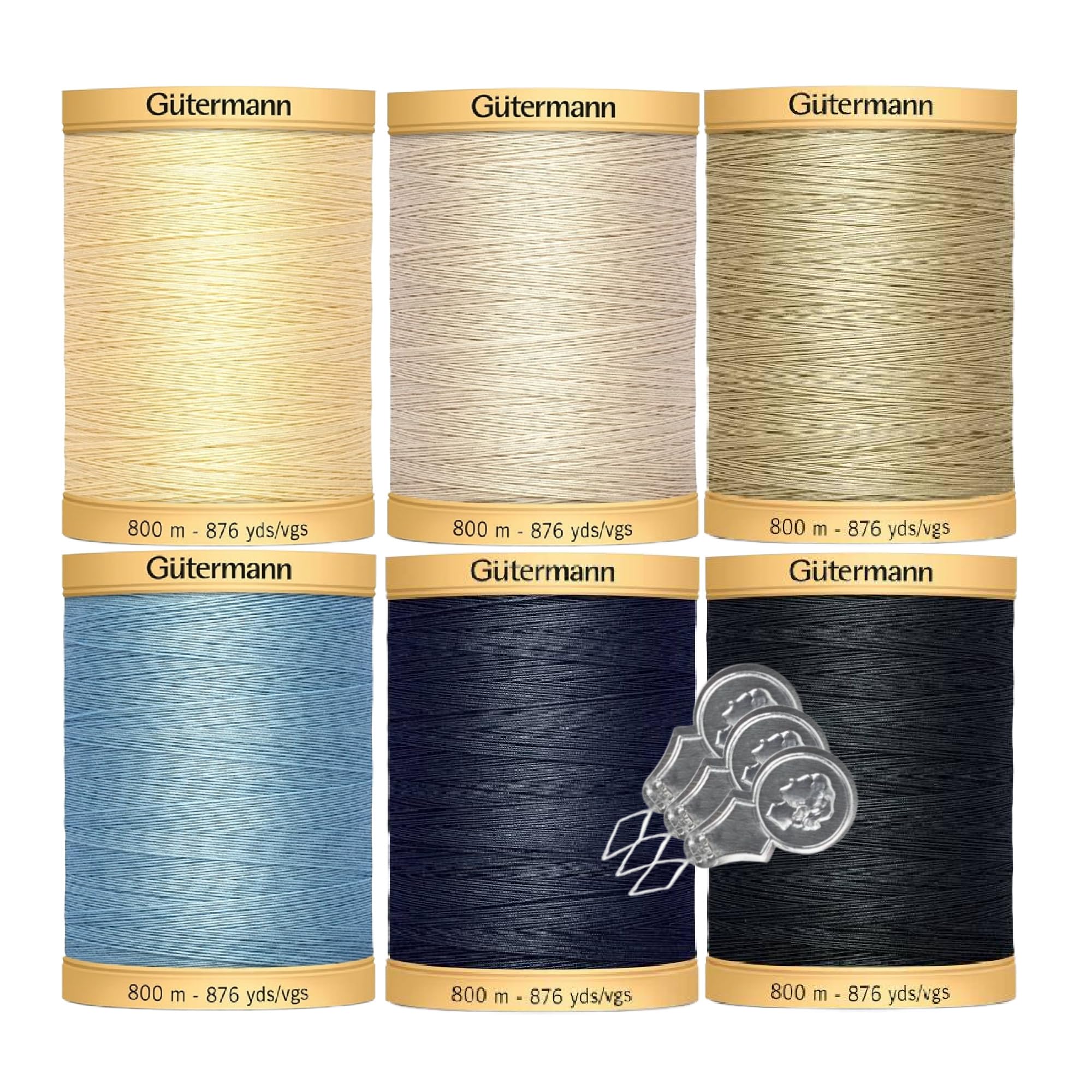 Gutermann - Hilo de algodón natural (800 m cada uno), paquete de 6 con 3 enhebradores de agujas Bella's Crafts (popular)
