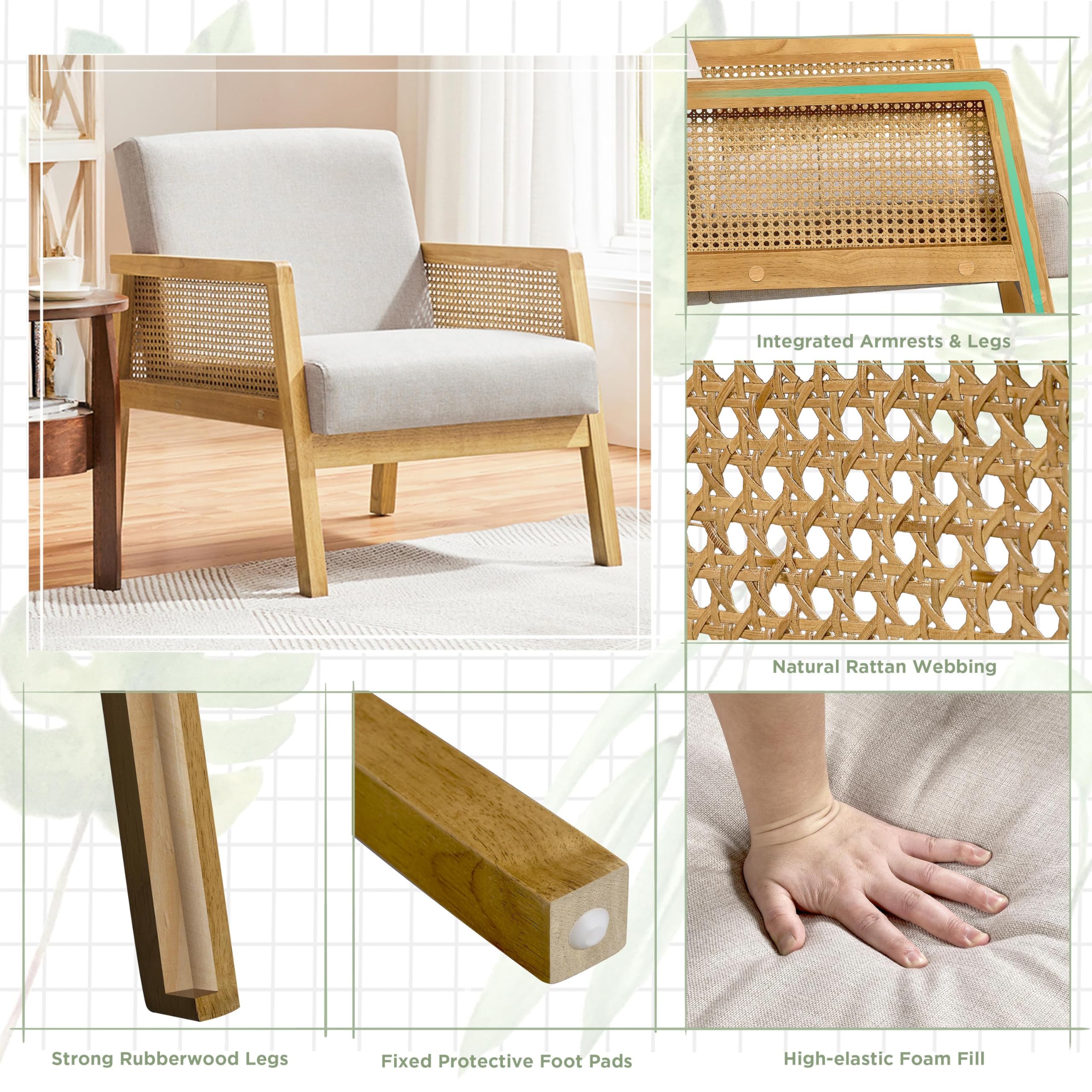 Yaheetech Fauteuil Salon en Rotin avec Coussins Rembourrés Moderne Beige
