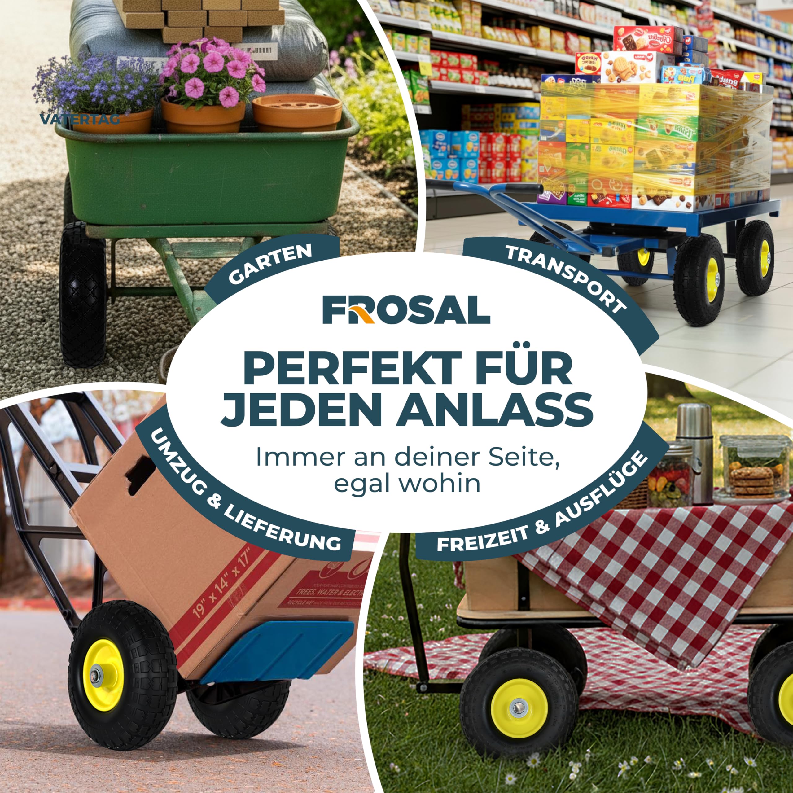FROSAL Ersatzrad 4.10/3.50-4 (260×85) – 4 Stück – Luftreifen mit Kugellager – Nabenlänge 50 mm – Achse Ø 16 mm – gelbe Stahlfelge – mit praktischem Autoventil – für Bollerwagen & Sackkarren