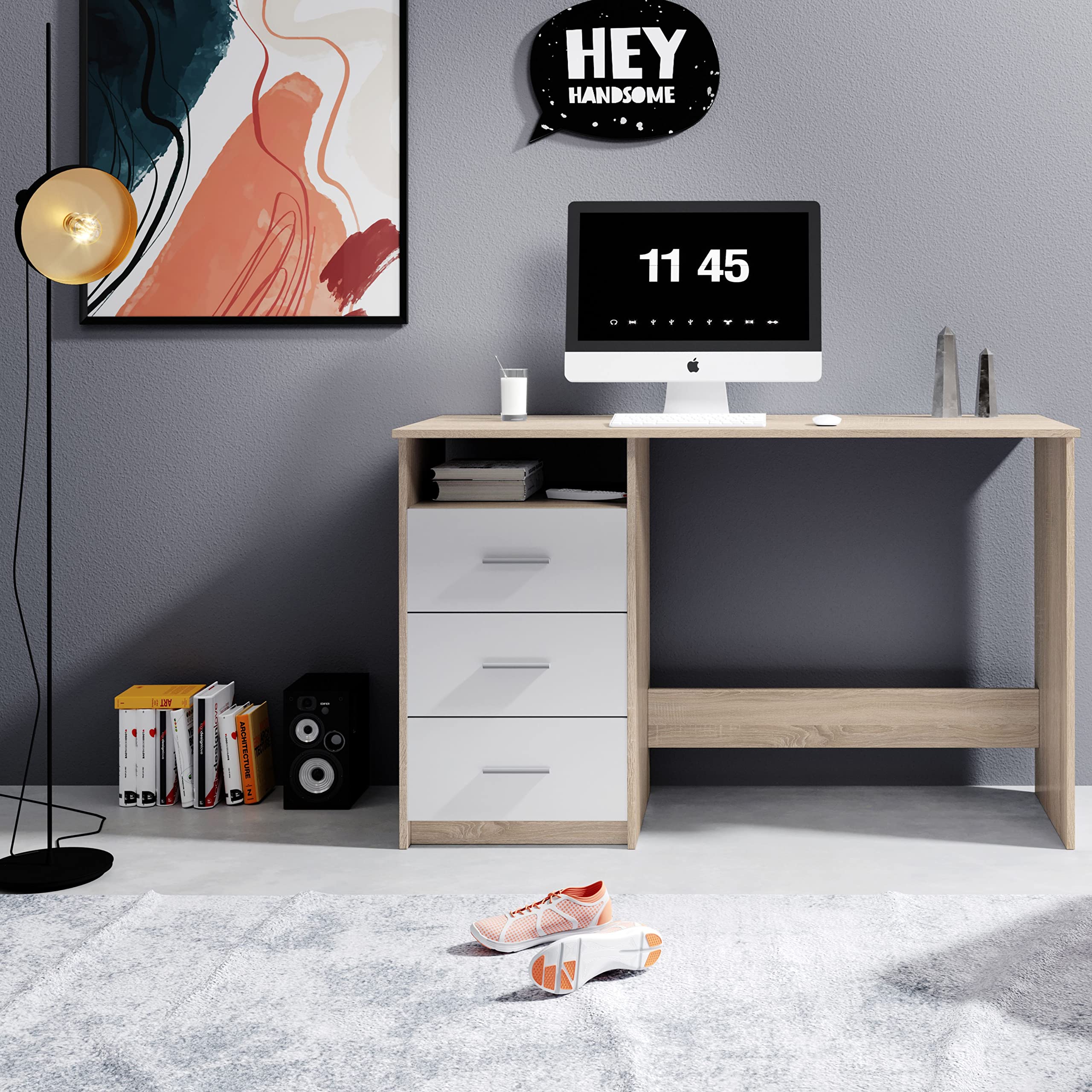 Stella Trading ADRIA, Scrivania con cassetti, finitura simil rovere Sonoma, bianco, pratica scrivania da ufficio con ampia superficie di lavoro, 120 x 76 x 50 cm (L x A x P)