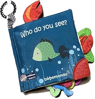 Fish Baby Books Toys for Babies 0-6 Months, Touch and Feel Cloth Soft Crinkle Books for Babies,Toddlers,Infants,Kids Activity Early Education Toy, Teething Toys Teether Ring, Baby Book Octopus Shark