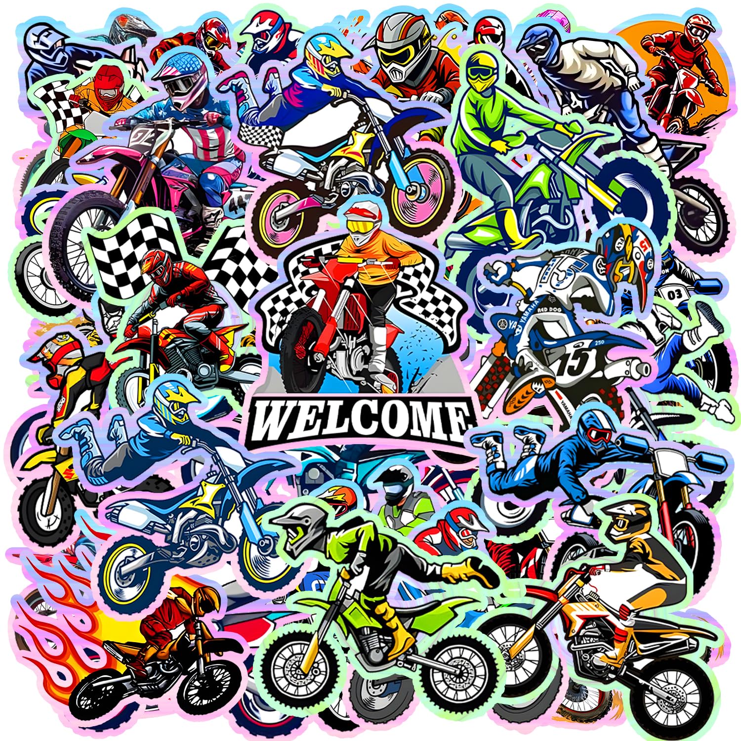 120 PCS Holographic Dirt Bike Stickers Motocross Party Favors Motocross Gifts Dirt Bike Accessories Motorbike Vinyl Waterproof Decals Motorcycle Party Supplies Motorcycle Stickers for Water Bottle