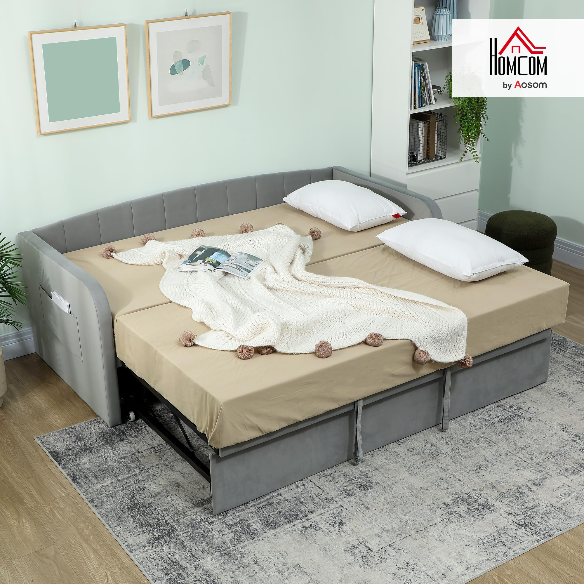 HOMCOM Struttura Letto 90/180x190 cm Estraibile Convertibile Grigio Chiaro