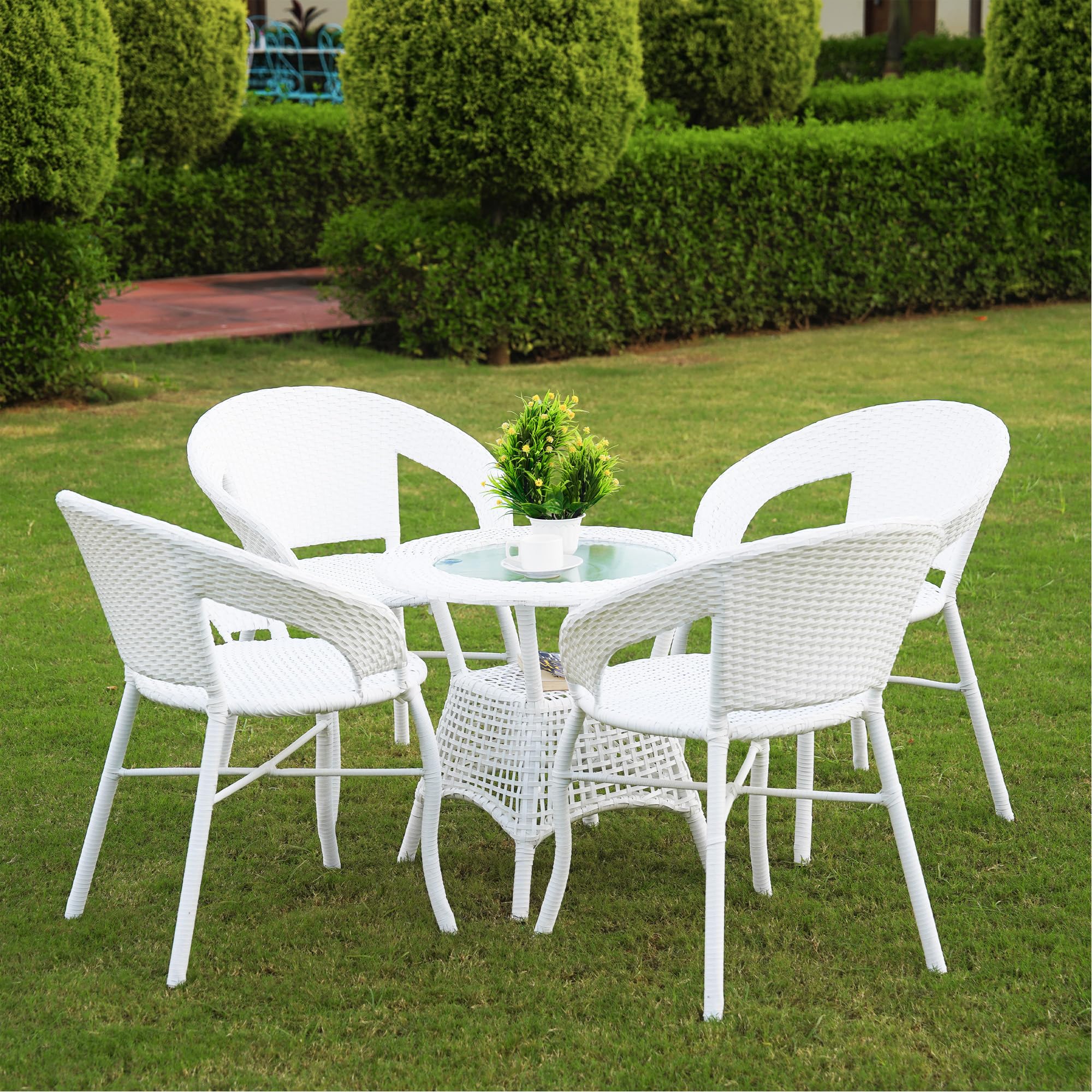 DEVOKO 5-Piece Outdoor Rattan Wicker Patio Bistro Set For Garden, Backyard, Balcony, Porch, Poolside Furniture With White All-Weather Wicker And Glass Top Table, (58 X 46 X 79Cm)
