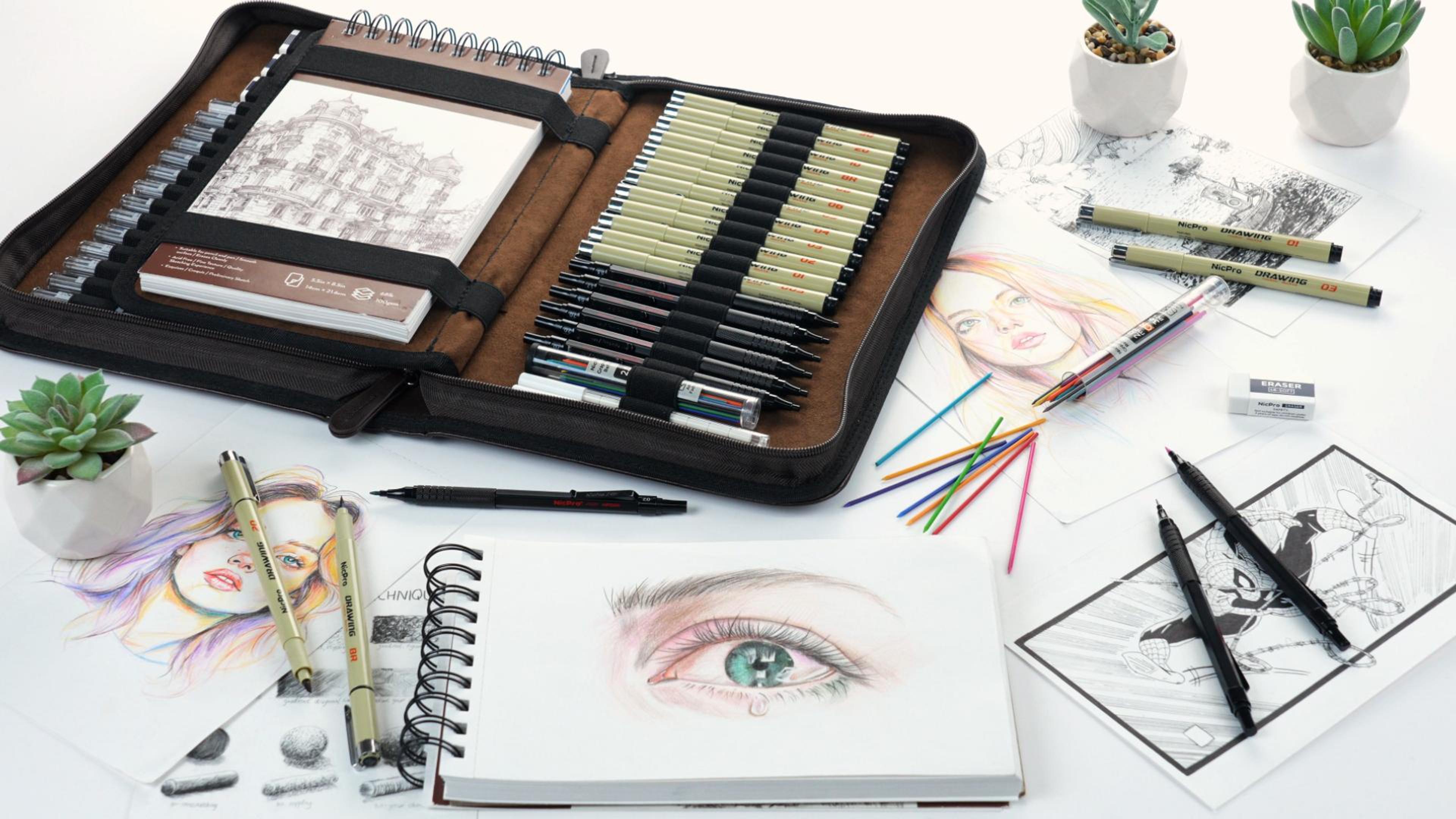 Pencil Case Nicpro 58 Pack Art Drawing Supplies Kit In Leather