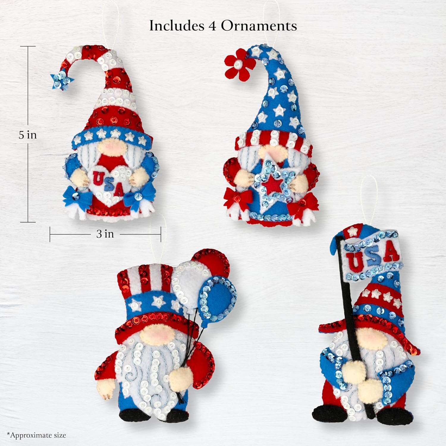 Bucilla Felt Applique 6 Piece Ornament Making Kit, Red, White, & Blue Gnomes, Perfect for Holiday DIY Arts and Crafts, 89700E