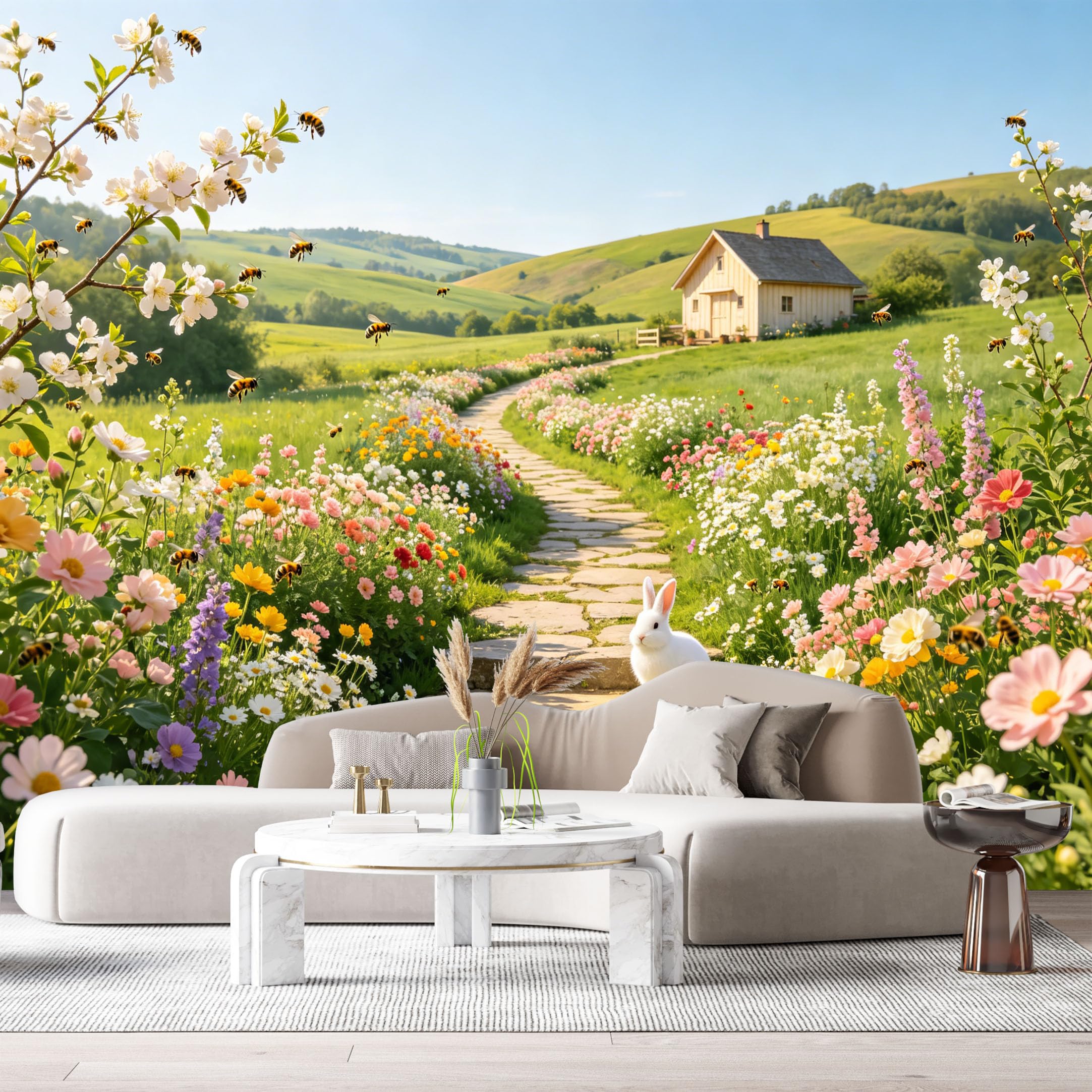 Custom Size Wall Murals Farmhouse American Country Wildflower Meadow Stone Path SelfAdhesive Wall Fabric Removable Large Wallpaper for Photo Living Room Decoration