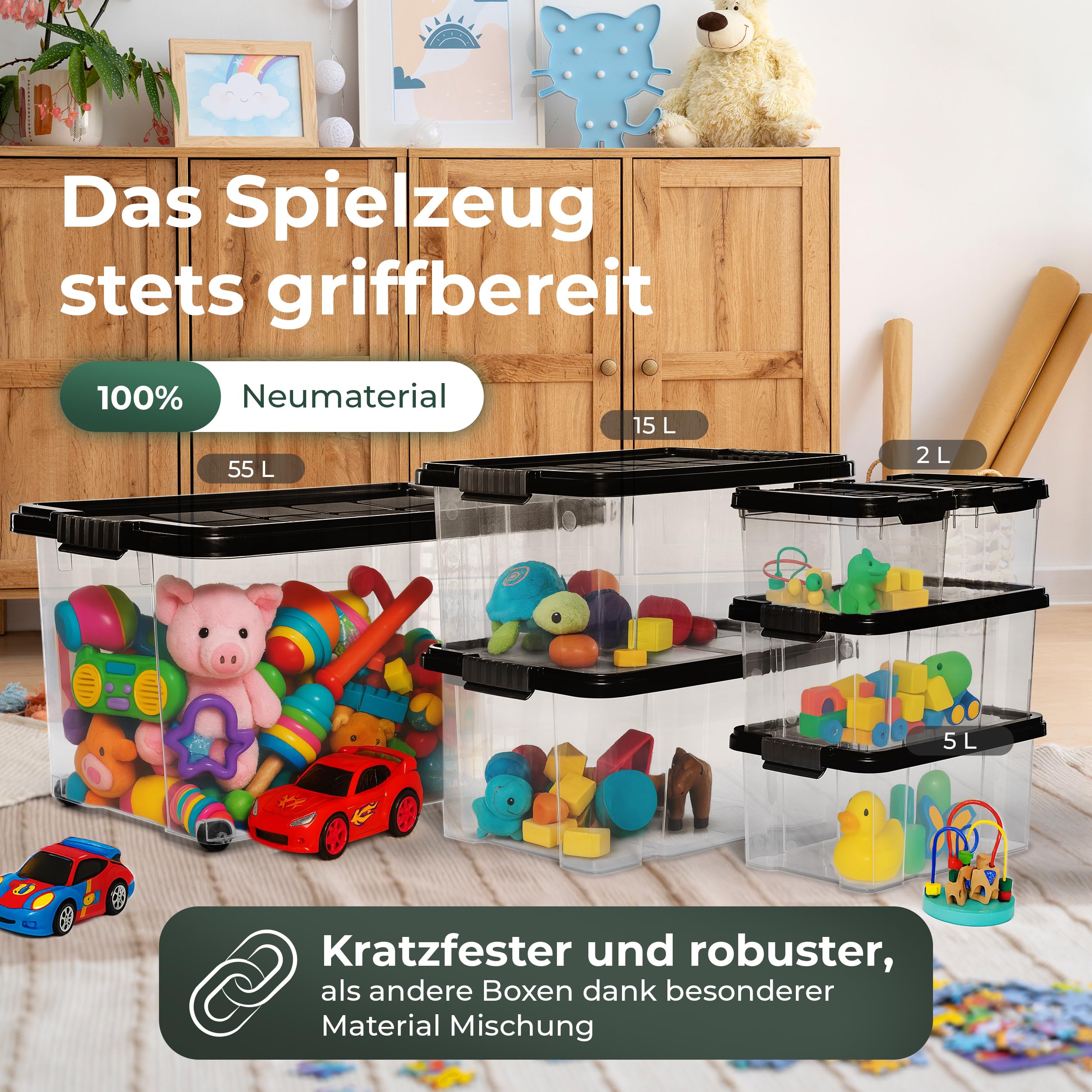 Novaliv 6x Aufbewahrungsboxen mit Deckel Groß 55L Anthrazit Nestbar stapelbar mit Clipverschluss Rollboxen Kunststoff BPA-frei 61x40x32,5 cm