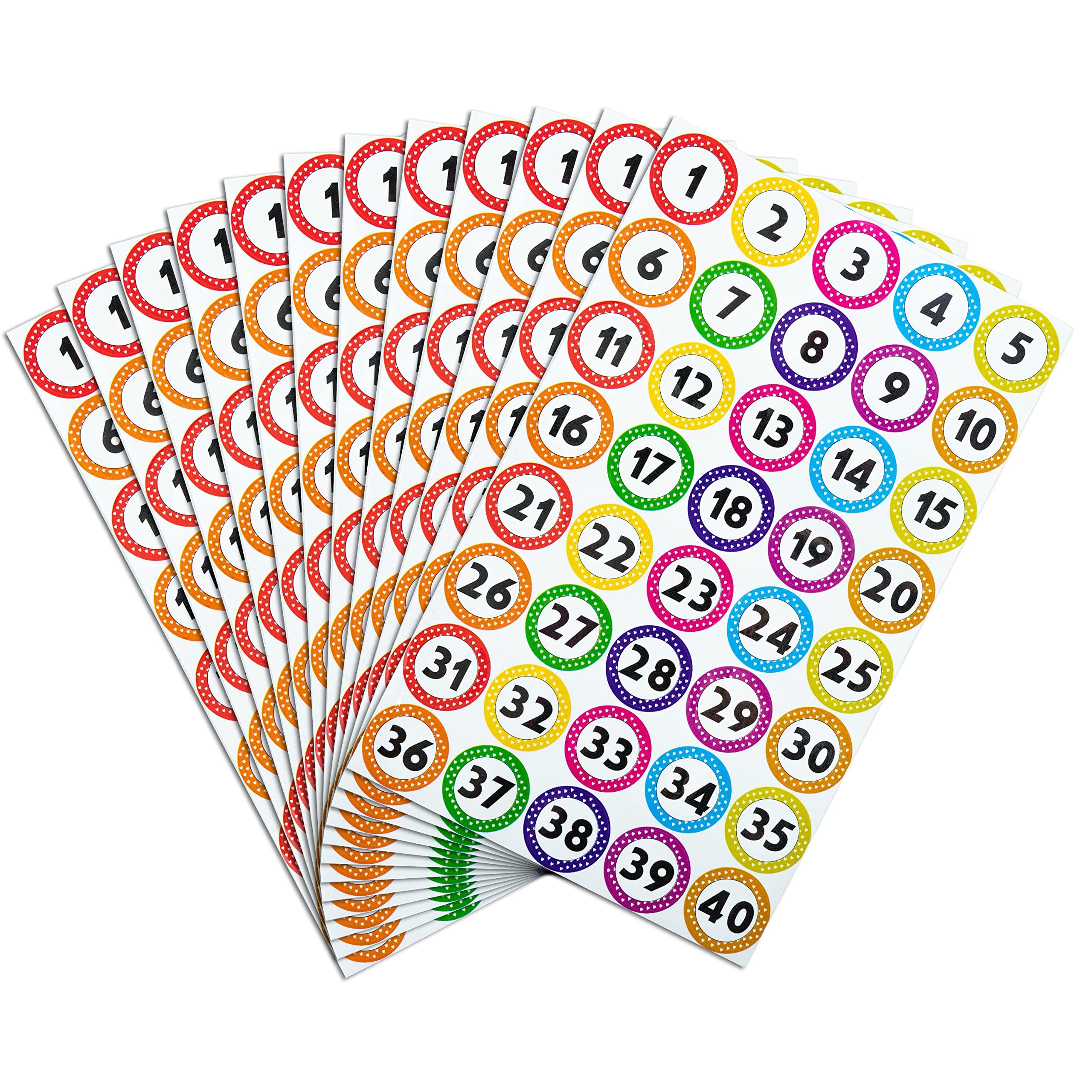 480 PCS Colorful Number Stickers 1–40 (1 Inch), Waterproof & Tear-Resistant Number Stickers, Easy Peel Self-Adhesive Labels for Classroom Organization