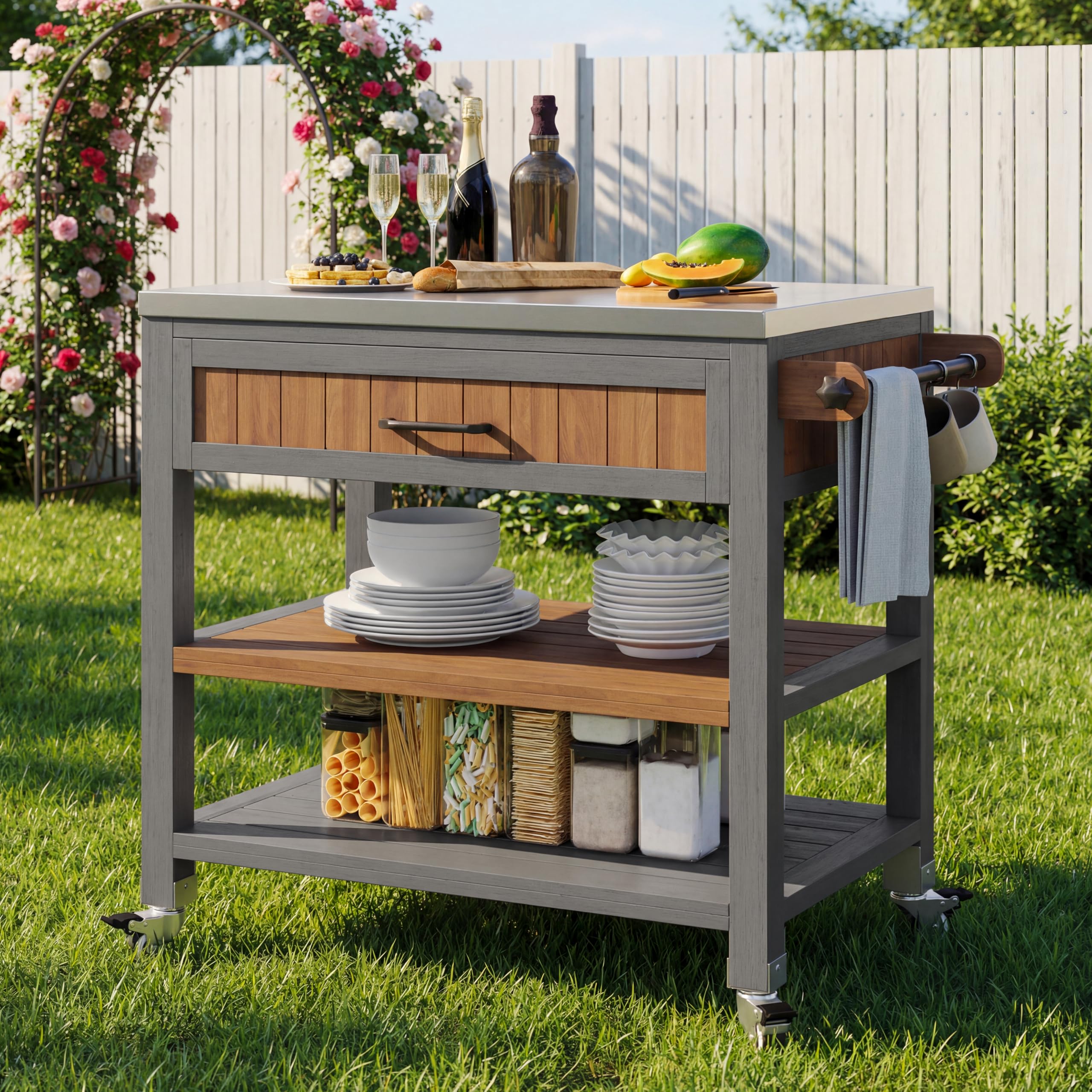 Merax Outdoor Storage Cabinet, Solid Wood, Natural, 120x50x185.1cm, 47kg, Rustic, with 3 Drawers and Metal Pegboard — view 8
