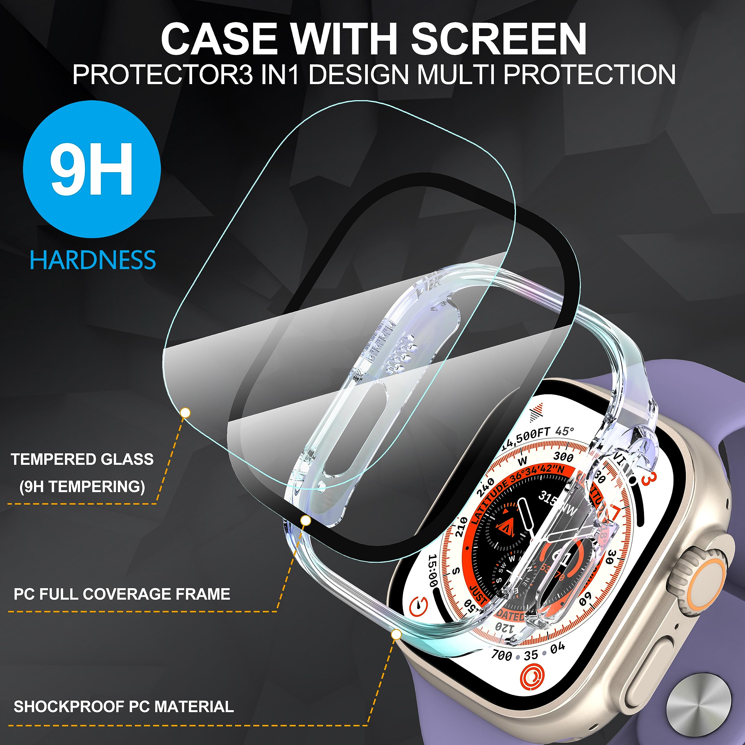Diruite 2 Pezzi Cover per Apple Watch Ultra 3/2/1 49mm Vetro Temperato Pellicola Protettiva,Protezione Dello Schermo PC Rigido,Custodia Protettiva Ultrasottile,Multicolour,49mm