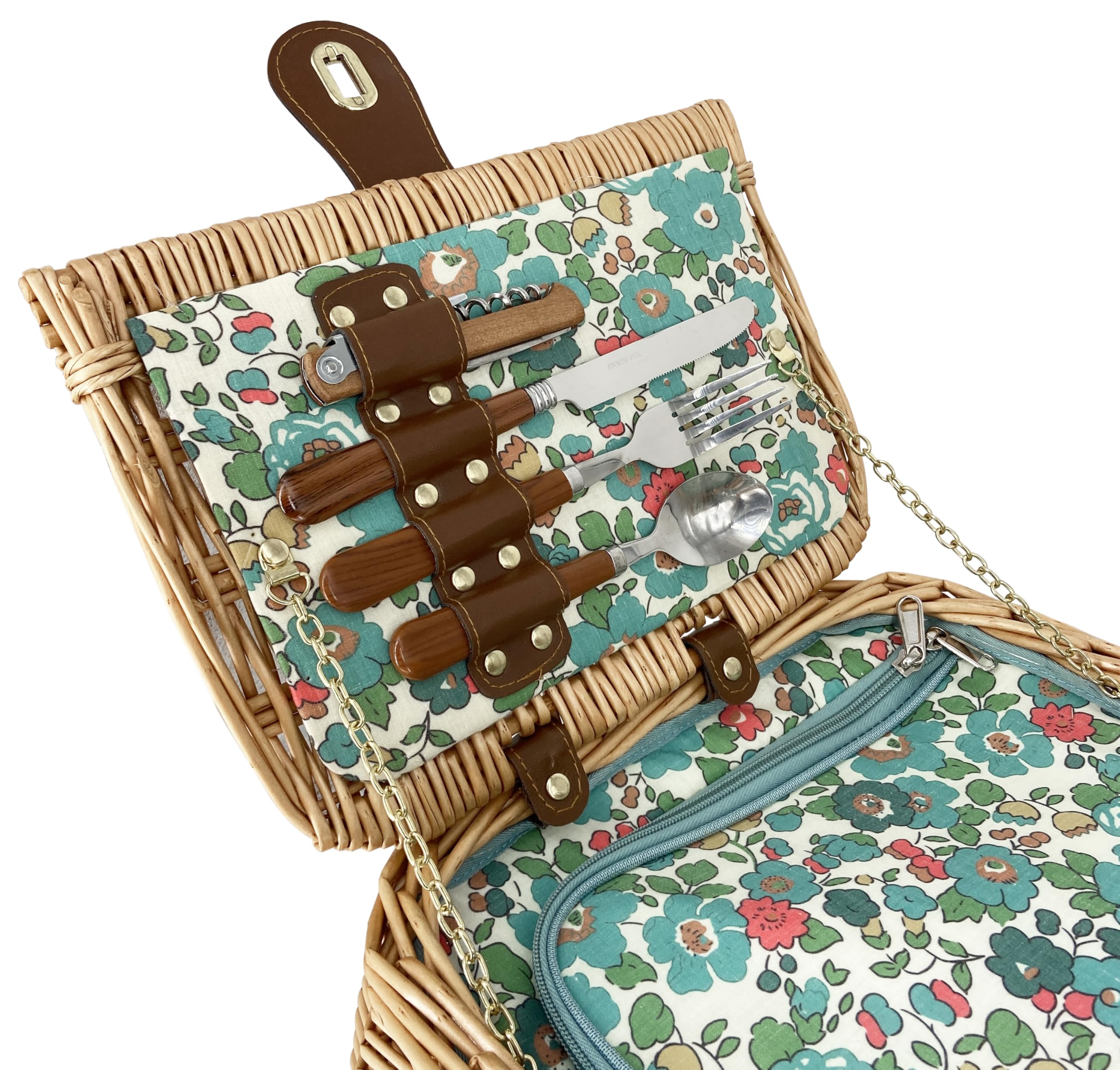 Les Jardins de la Comtesse - Picknickkorb Giverny – 2 Personen – Grün – komplett mit Kühlfach – Geschirr inklusive – Blumenmotiv – 45 x 36 x 23 cm