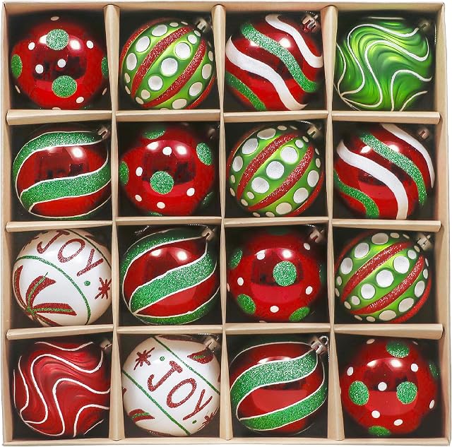 Valery Madelyn 16pcs 8cm Shatterproof Christmas Baubles, Country Red Green and White Christmas Ball Ornaments for Christmas Tree Decoration