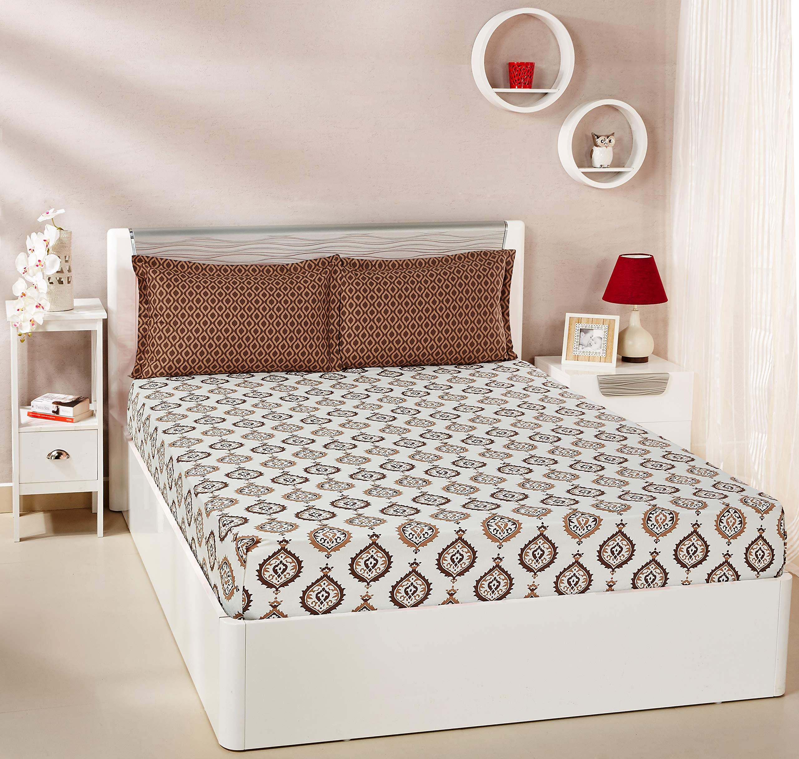 Amazon Brand - Solimo Damask Dreams 144 TC 100% Cotton Double Bedsheet with 2 Pillow Covers, Brown (B07711FW7H) Amazon Price History, Amazon Price Tracker